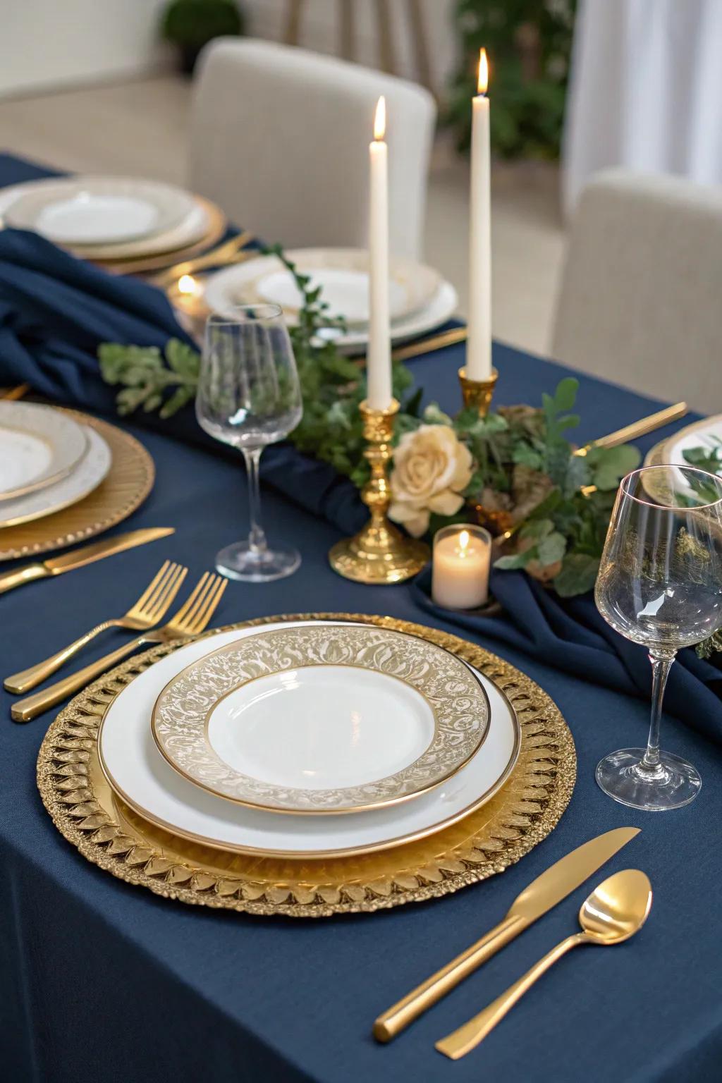 An elegant navy and gold Christmas table setting