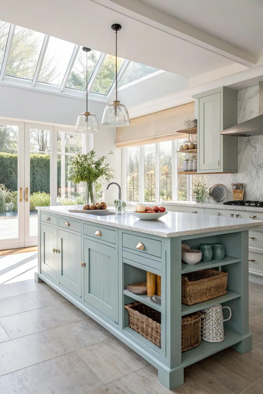 Light blue imbues tranquility and openness into this inviting kitchen.