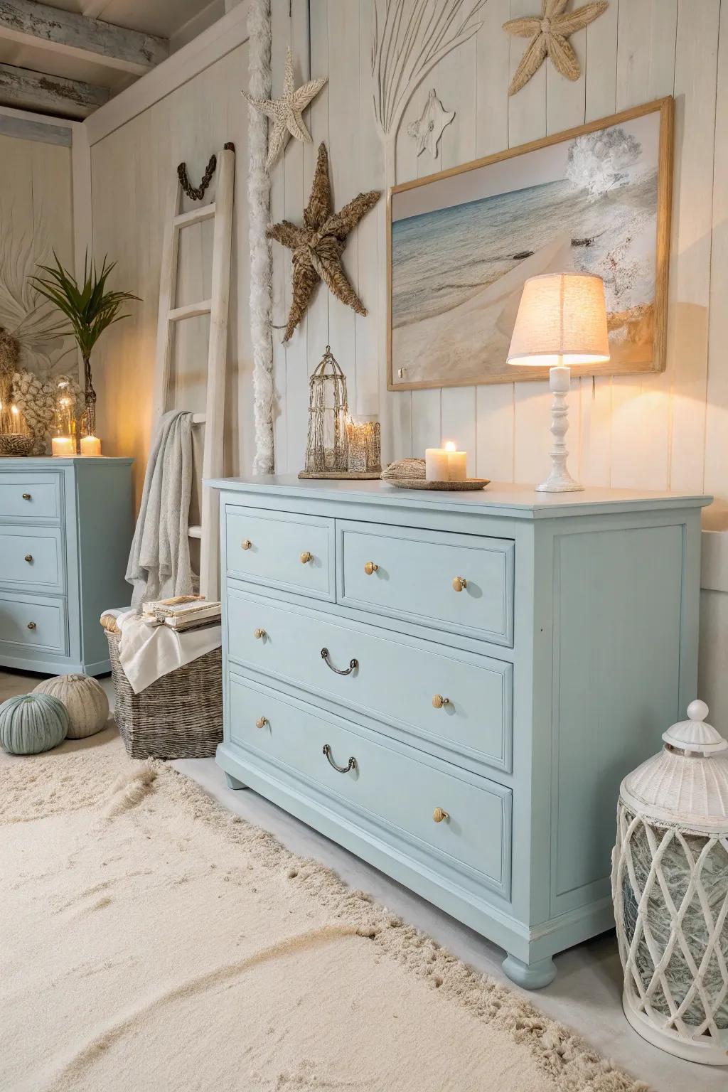 A soft azure dresser bringing a refreshing feel to a coastal-themed room.