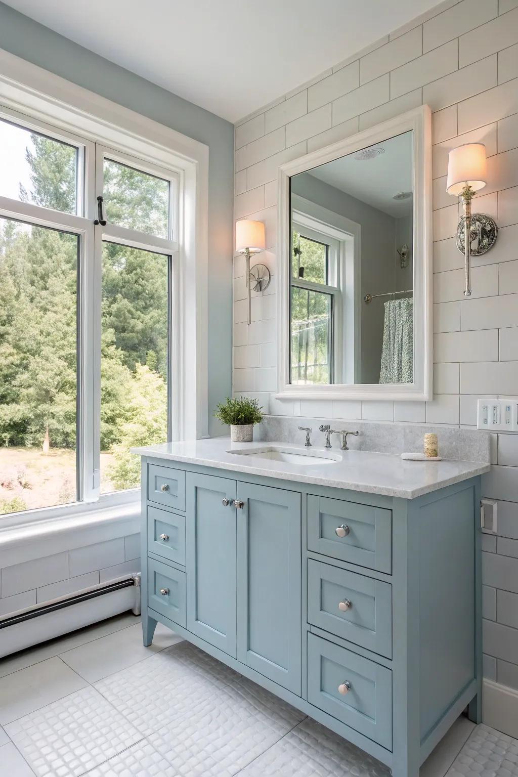 Gentle sky blue shades evoke a feeling of calm and roominess.