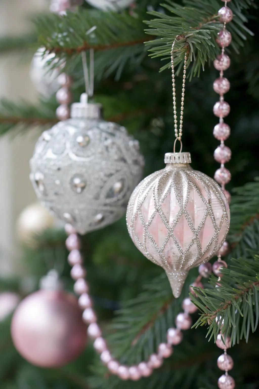 Silver ornaments contribute a touch of elegance and shimmer.