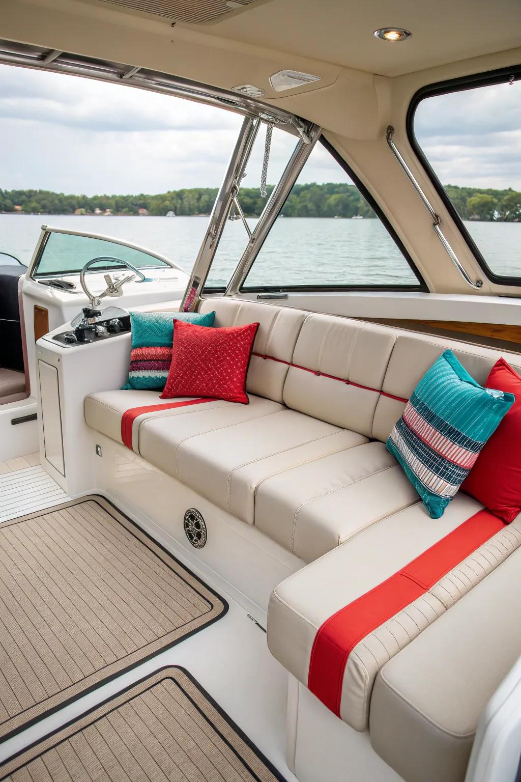 A harmonious combination of subdued hues and striking accents creates an ageless boat interior.
