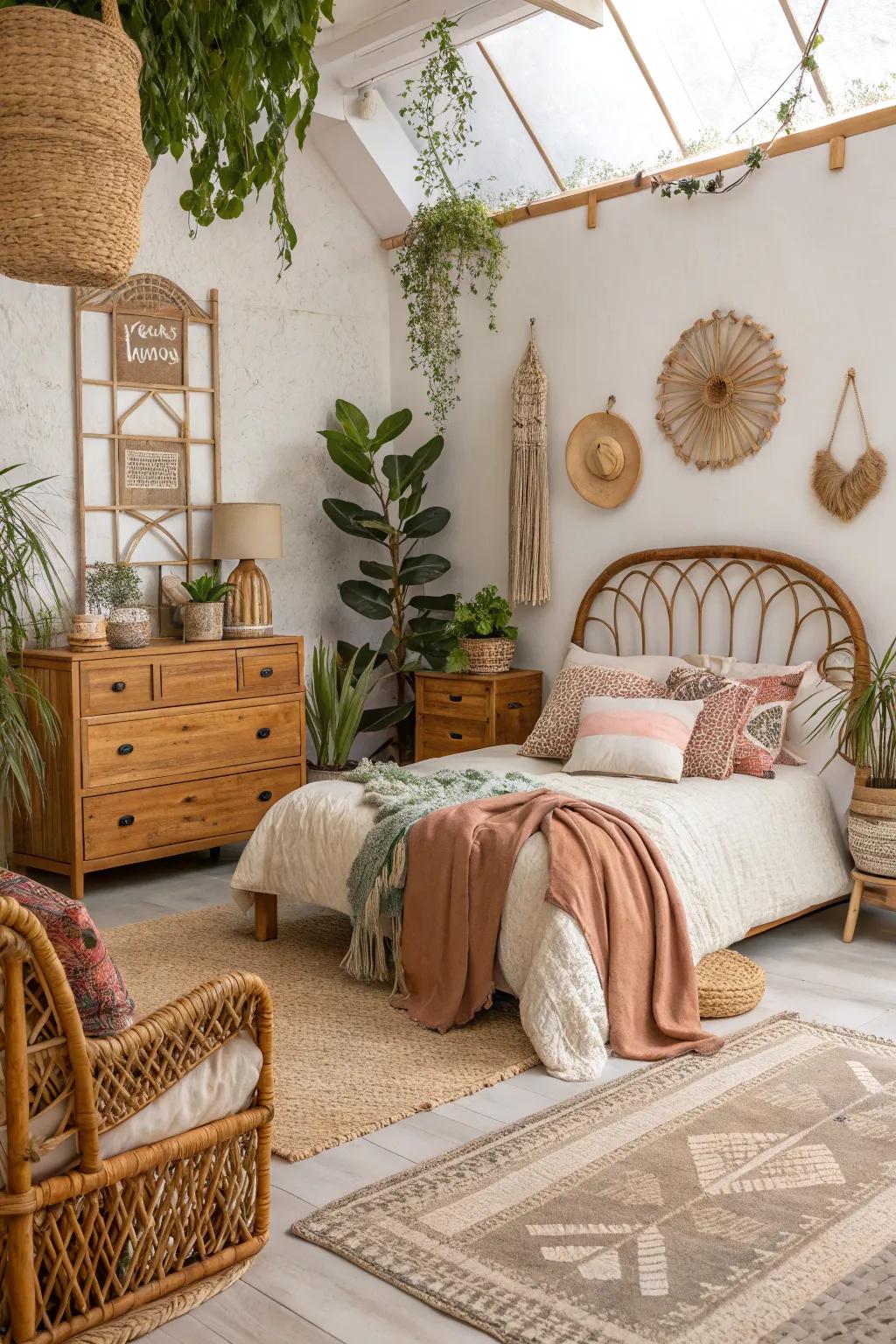 Wooden furnishings and wicker details contribute warmth to this boho-inspired bedroom.