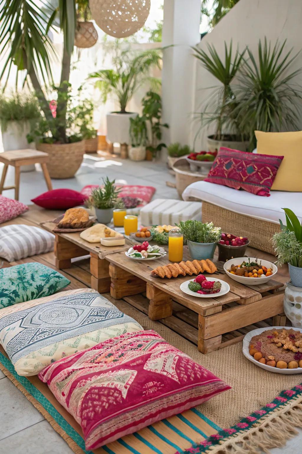 A relaxed floor seating layout perfect for a casual boho brunch.