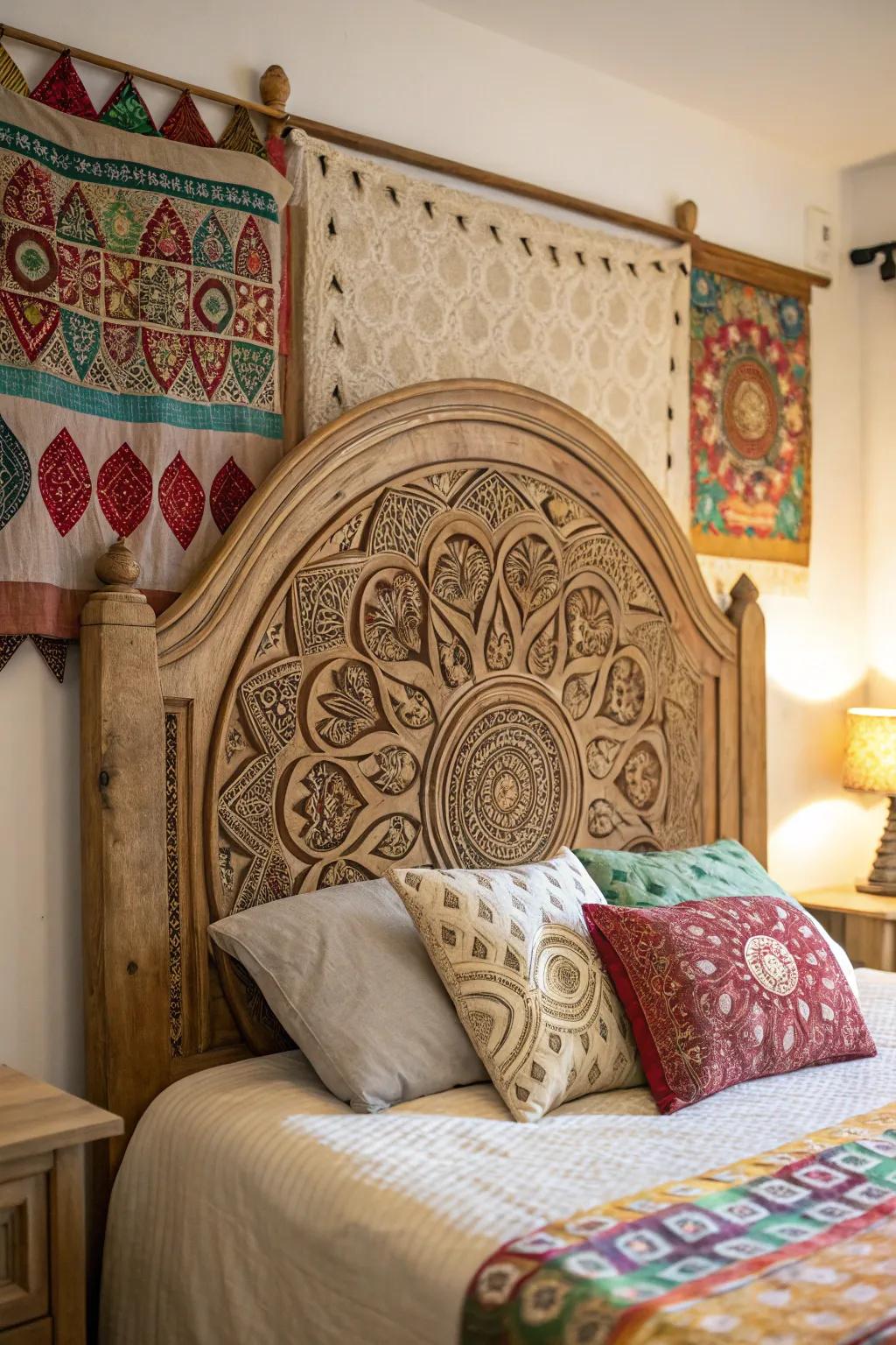 Complex mandala carvings make this headboard a captivating focal point.
