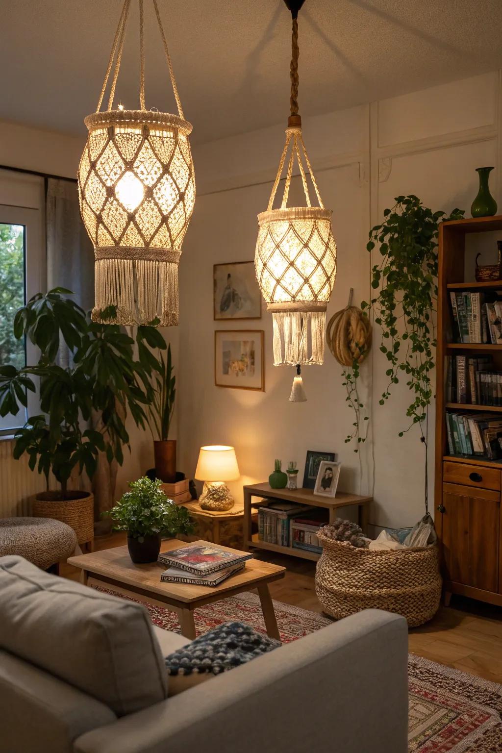 Knotted rope lanterns introducing texture to a bohemian living area.
