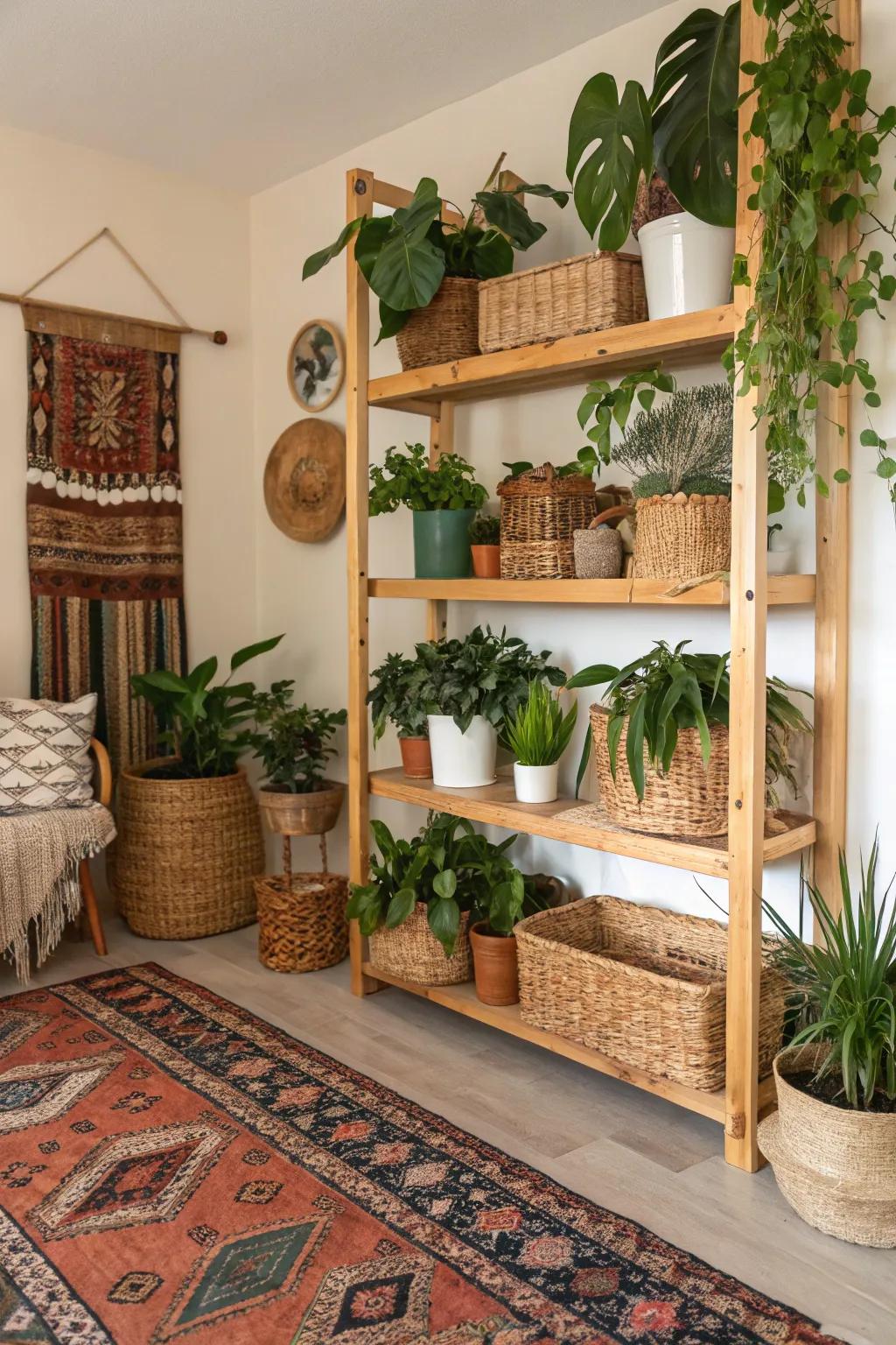 Natural timber and woven vine elements enhance the bohemian plant room.