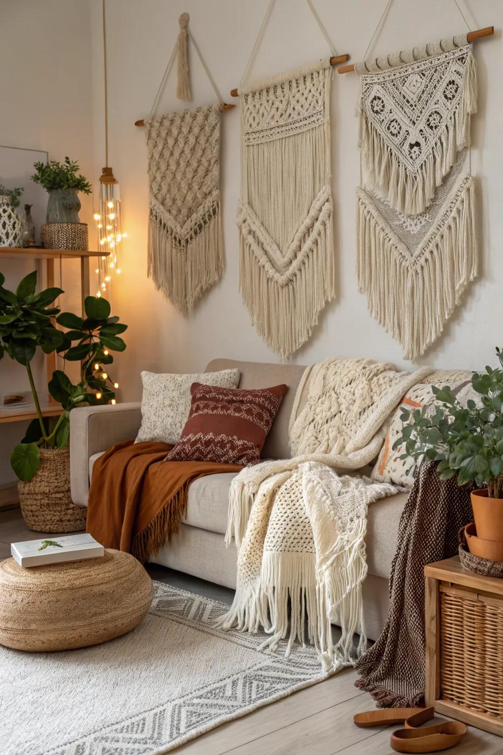 Layered fabrics add tangible richness to any bohemian room.