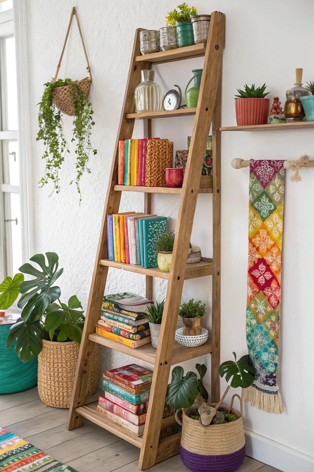 A leaning shelf is a chic and accessible way to keep things organized.