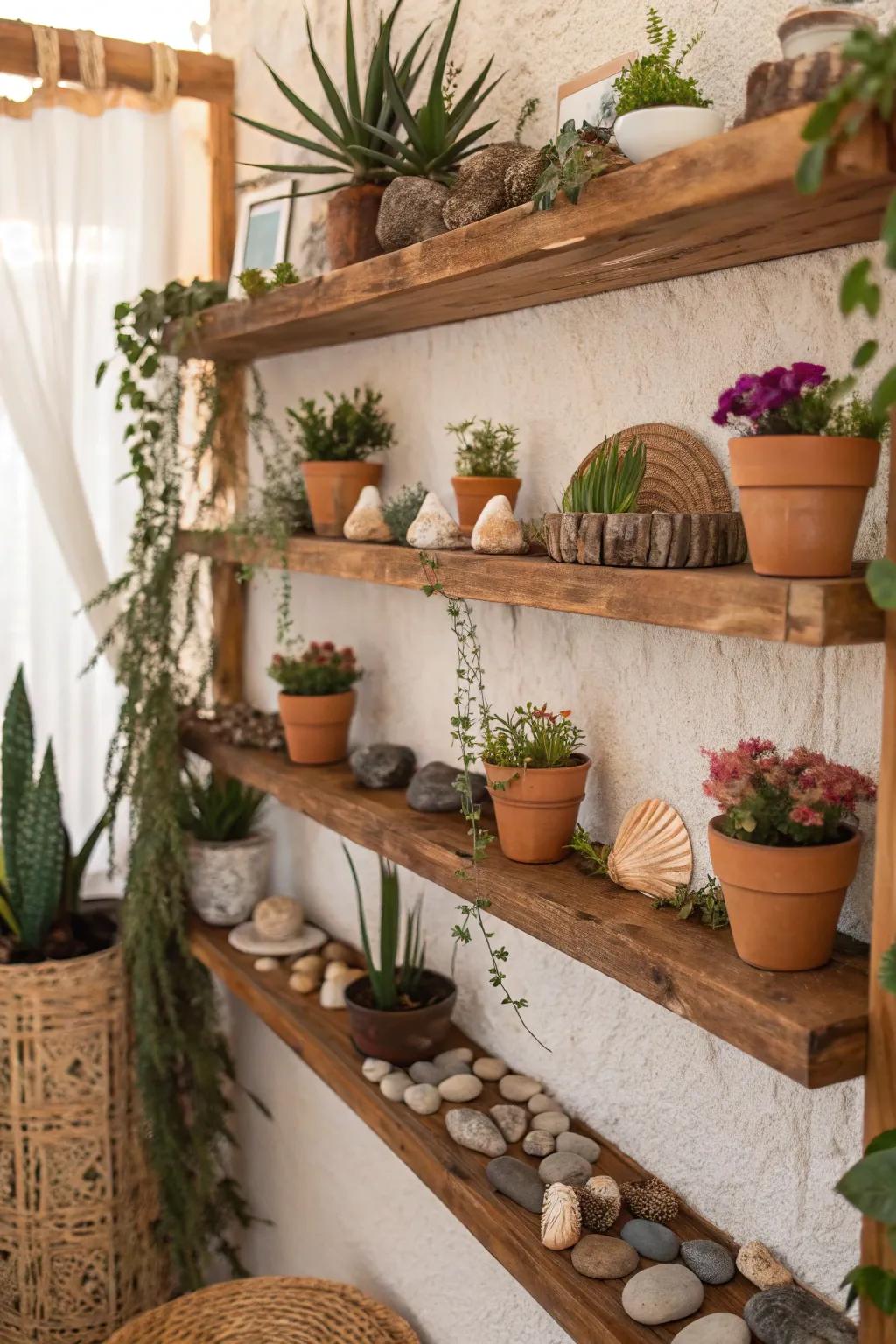 A wall with natural elements and greenery influenced by bohemian style.