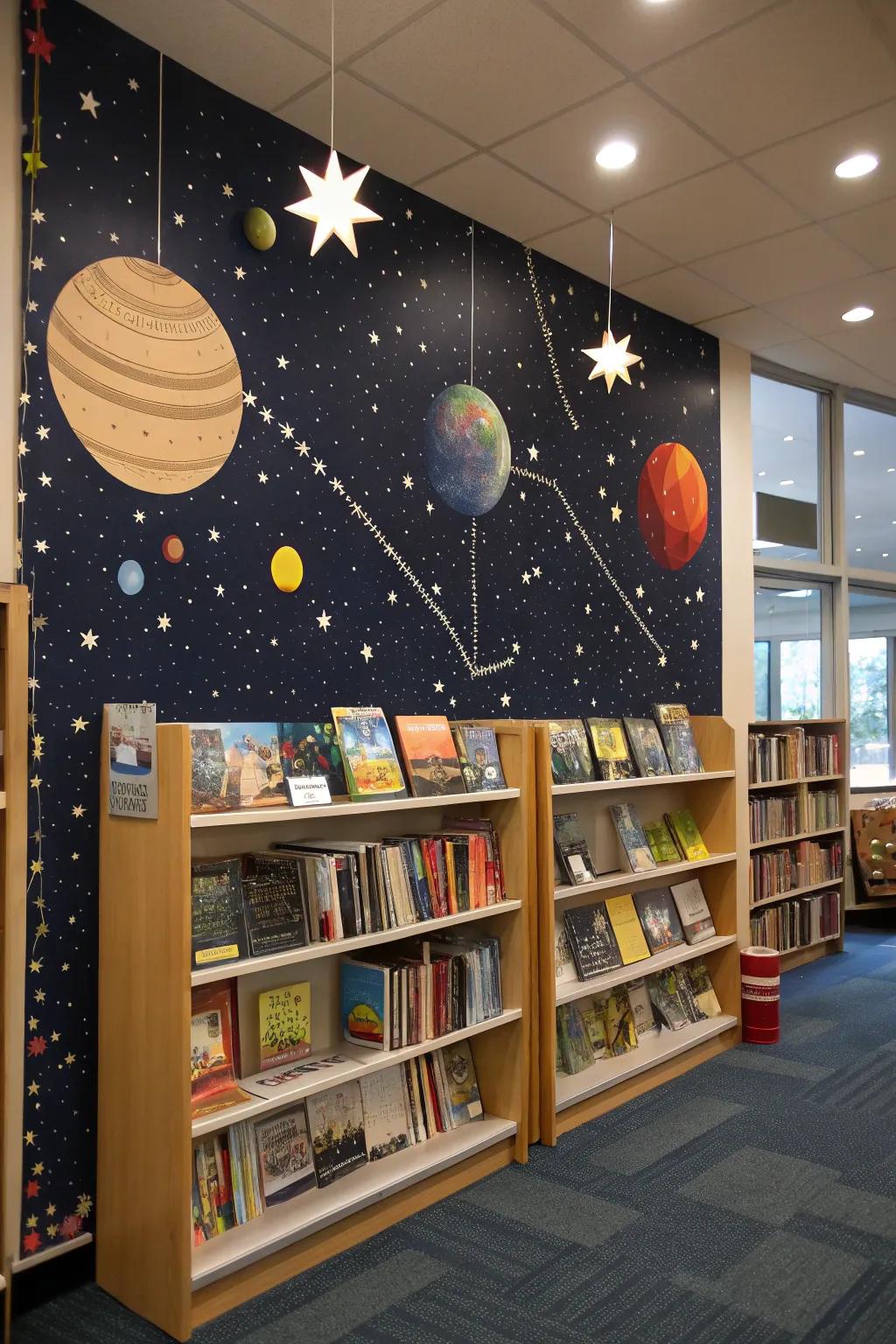 An exhibit corner themed around outer space at the book fair.
