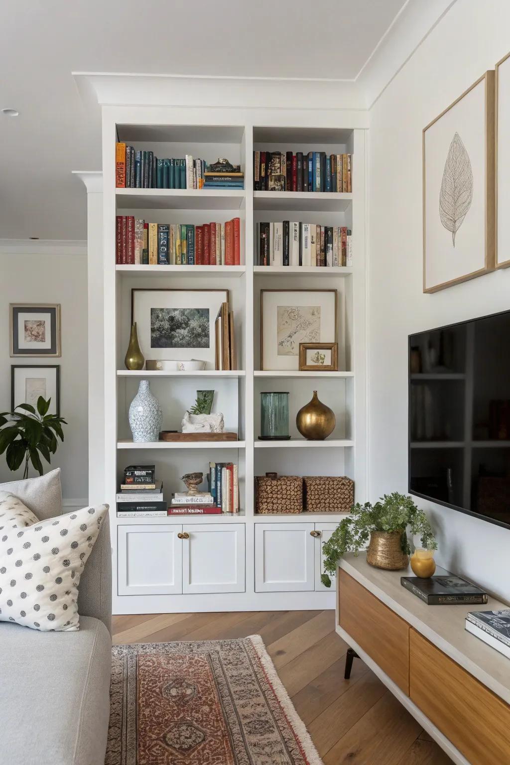 Mix books and decorative elements for a visually striking bookshelf.
