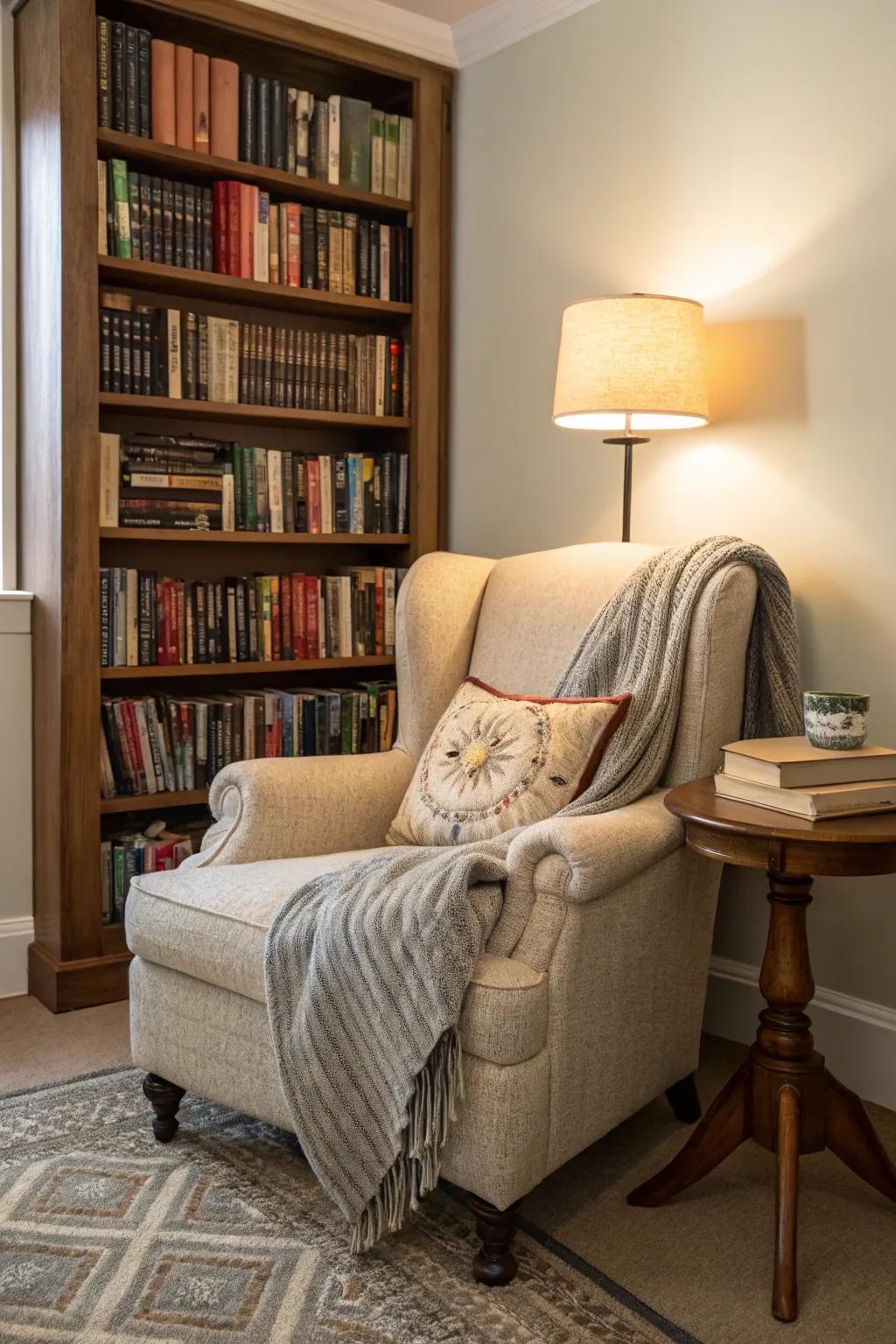 A comfortable reading nook situated by the bookshelf wall.