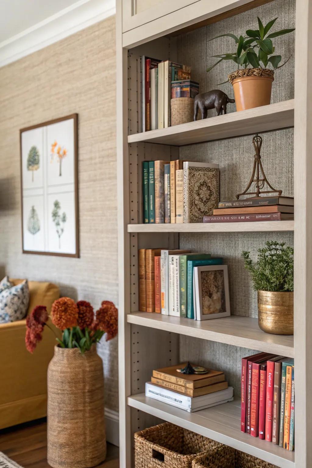 <strong>Bookshelf</strong> decorated with textured <strong>textile wallcovering</strong> for a warm, inviting ambiance.&rdquo; loading=&rdquo;lazy&rdquo; class=&rdquo;pimg&rdquo;>
	</picture><figcaption><strong>Bookshelf</strong> decorated with textured <strong>textile wallcovering</strong> for a warm, inviting ambiance.</figcaption></figure>
<p>For a natural aesthetic, consider using <strong>textile wallcovering</strong> on your shelves. I&rsquo;m a big fan of how it introduces texture and coziness, ideal for setting up a relaxing reading area.</p>
<h3>Maybe worth checking out:</h3>
<ul class=