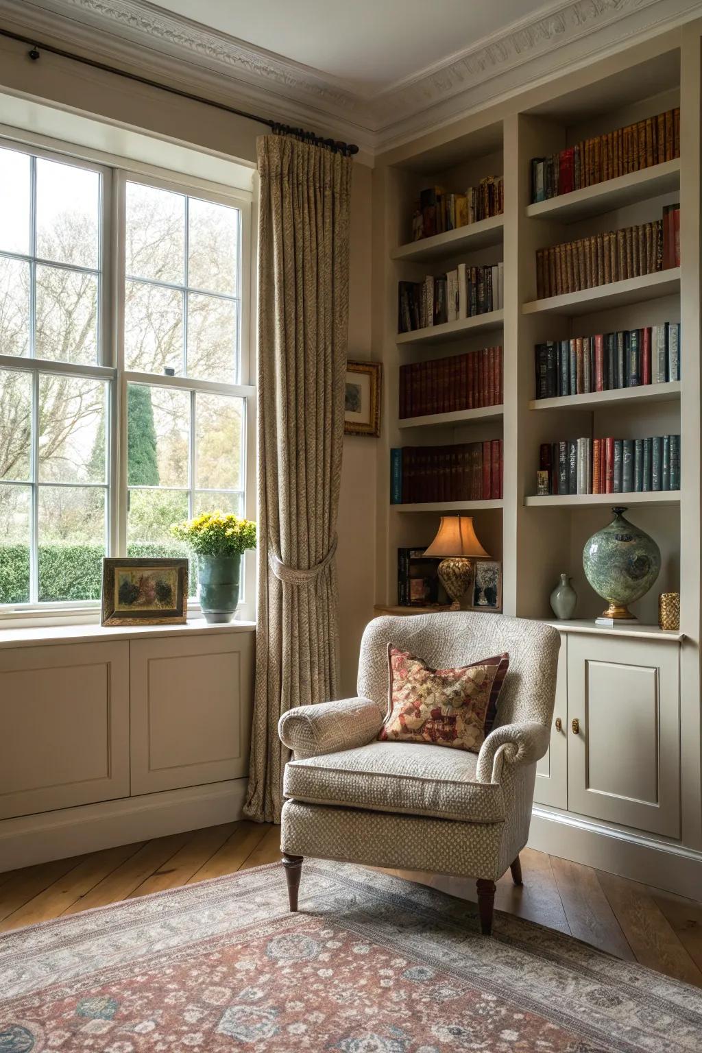 Achieve a sense of equilibrium and elegance through symmetrical bookshelves that frame your window.
