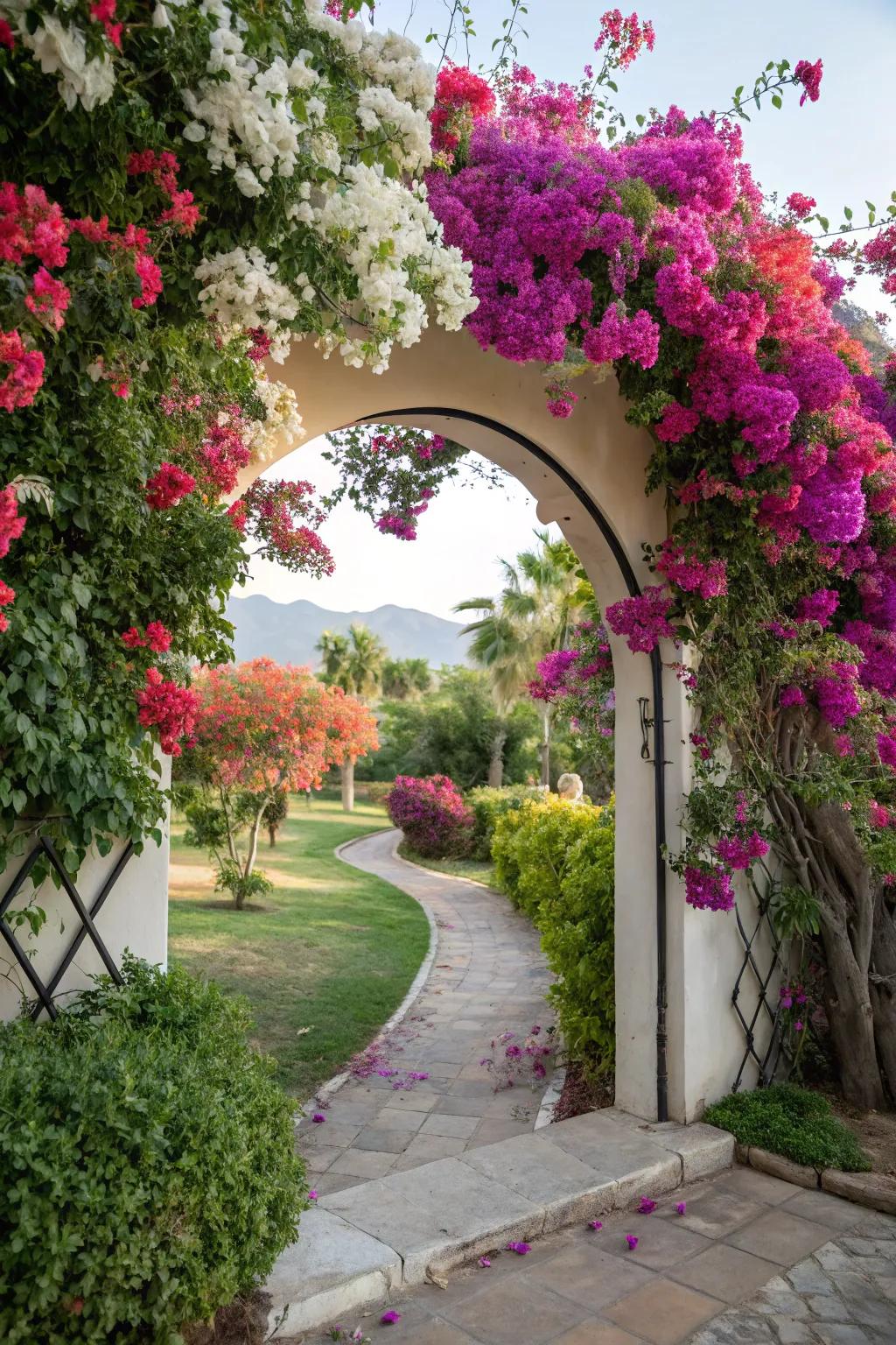 A garden entrance transformed into a magical archway with bougainvillea.