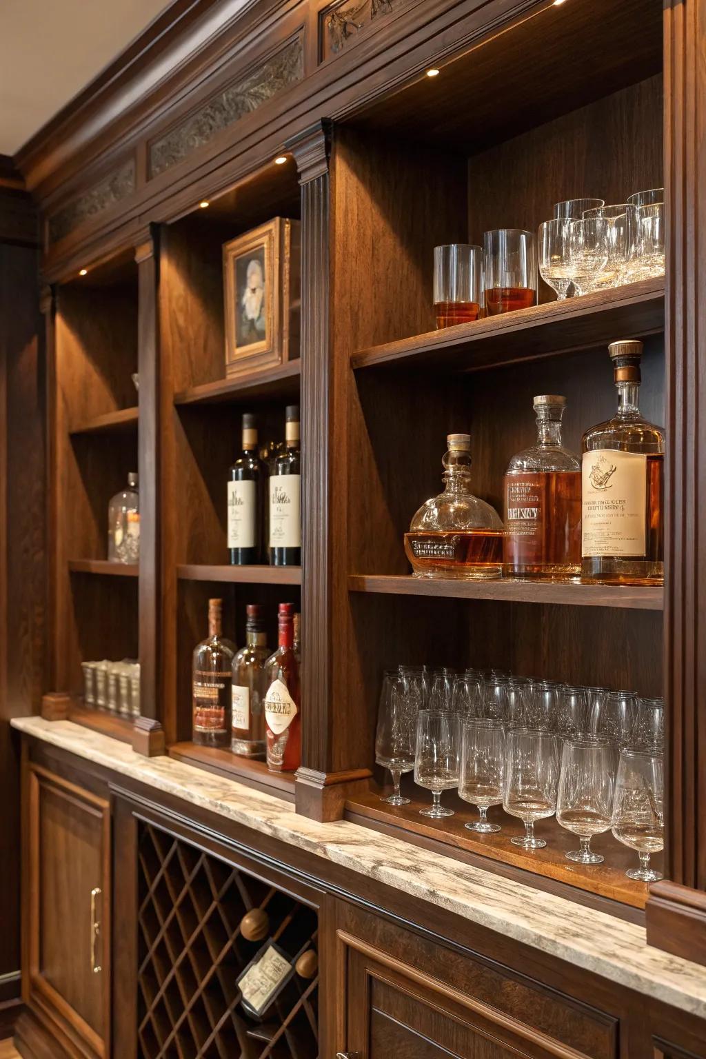 Dark timber racks display a spirits assortment with sophistication.