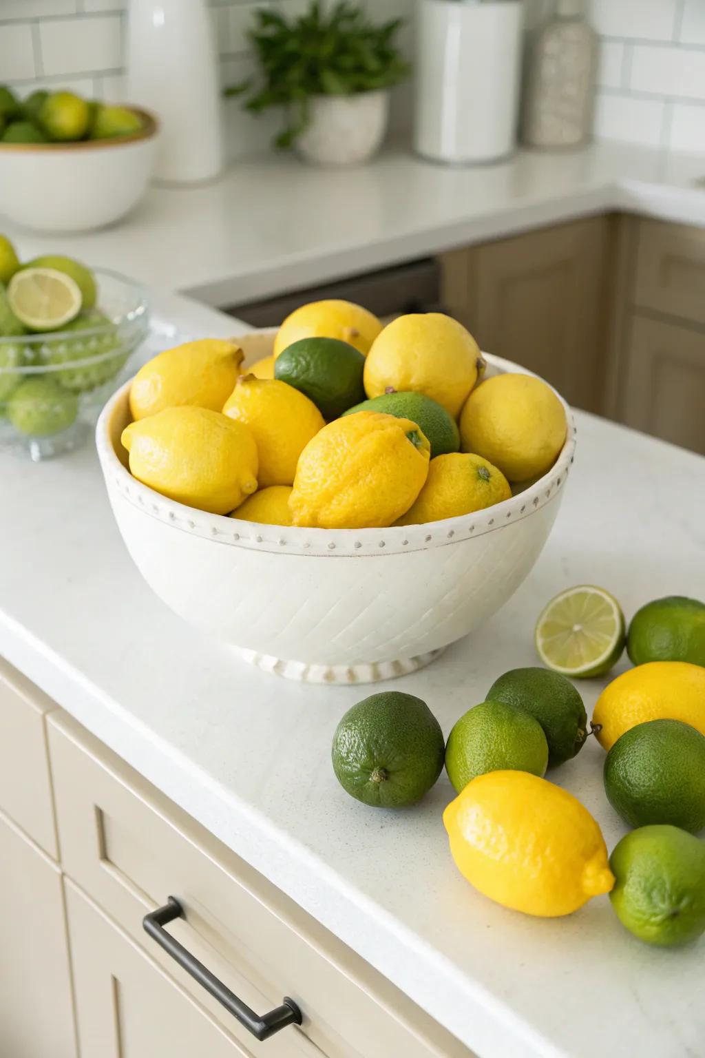 A simple bowl filled with vibrant lemons and limes