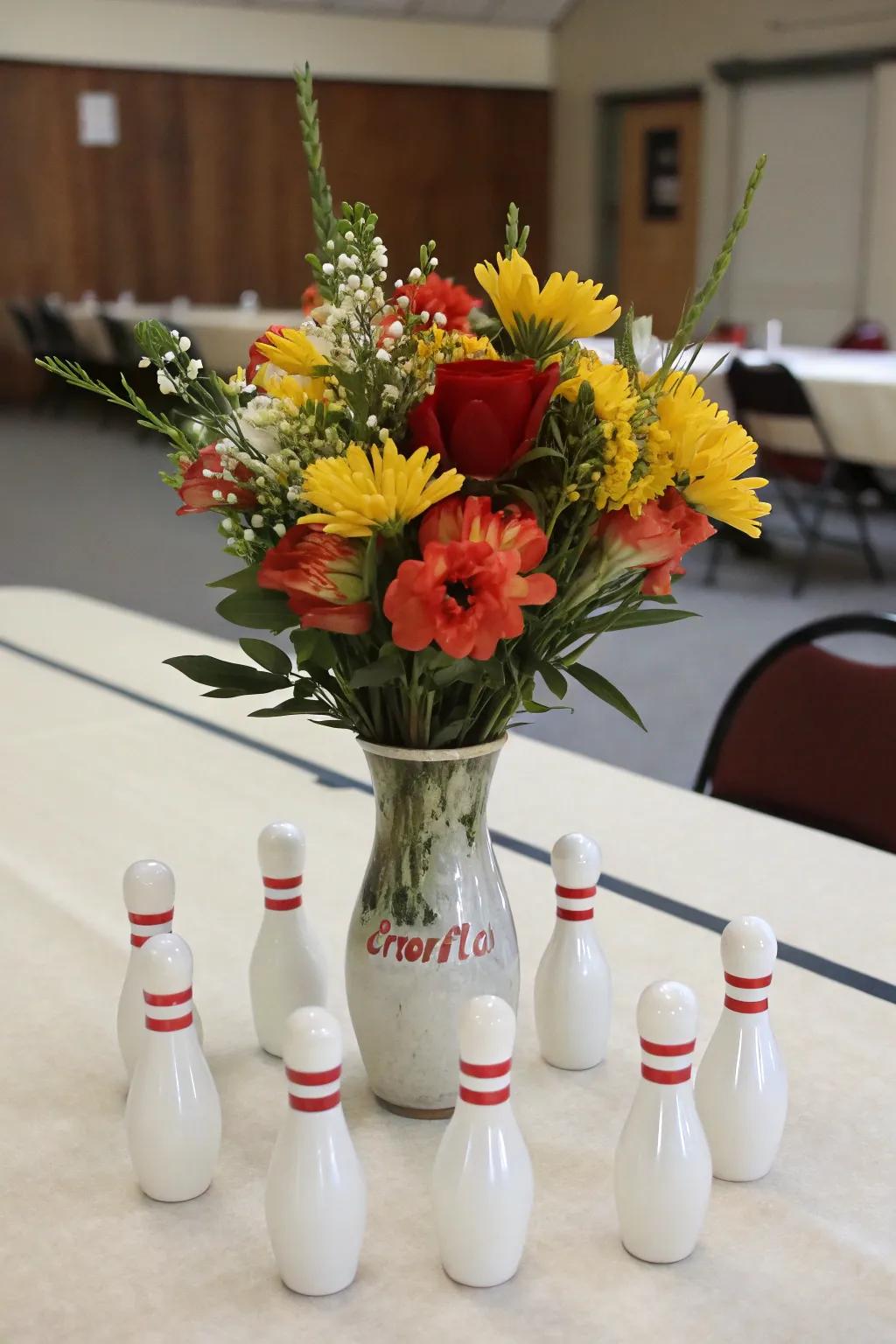 Fresh flowers bring a natural refinement to a bowling-themed centerpiece.