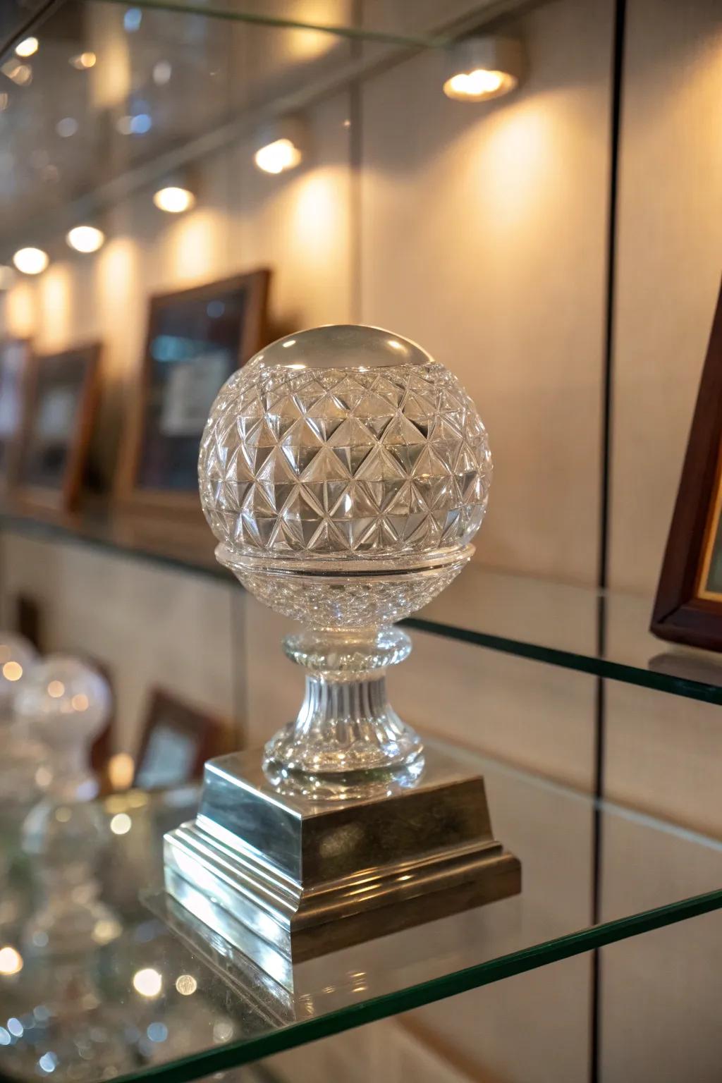A radiant crystal bowling ball trophy.
