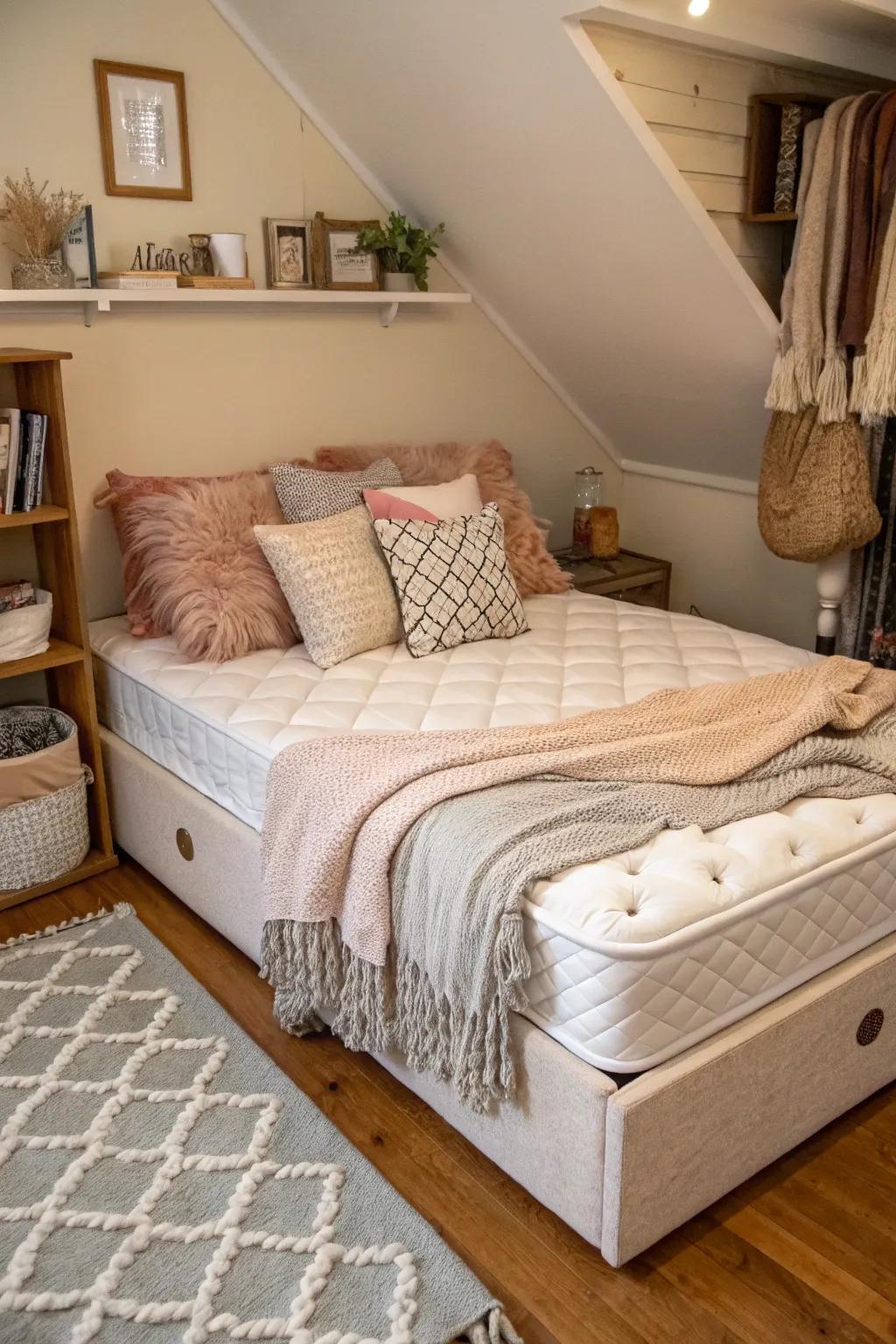 A cozy nook featuring layered textiles to increase comfort.