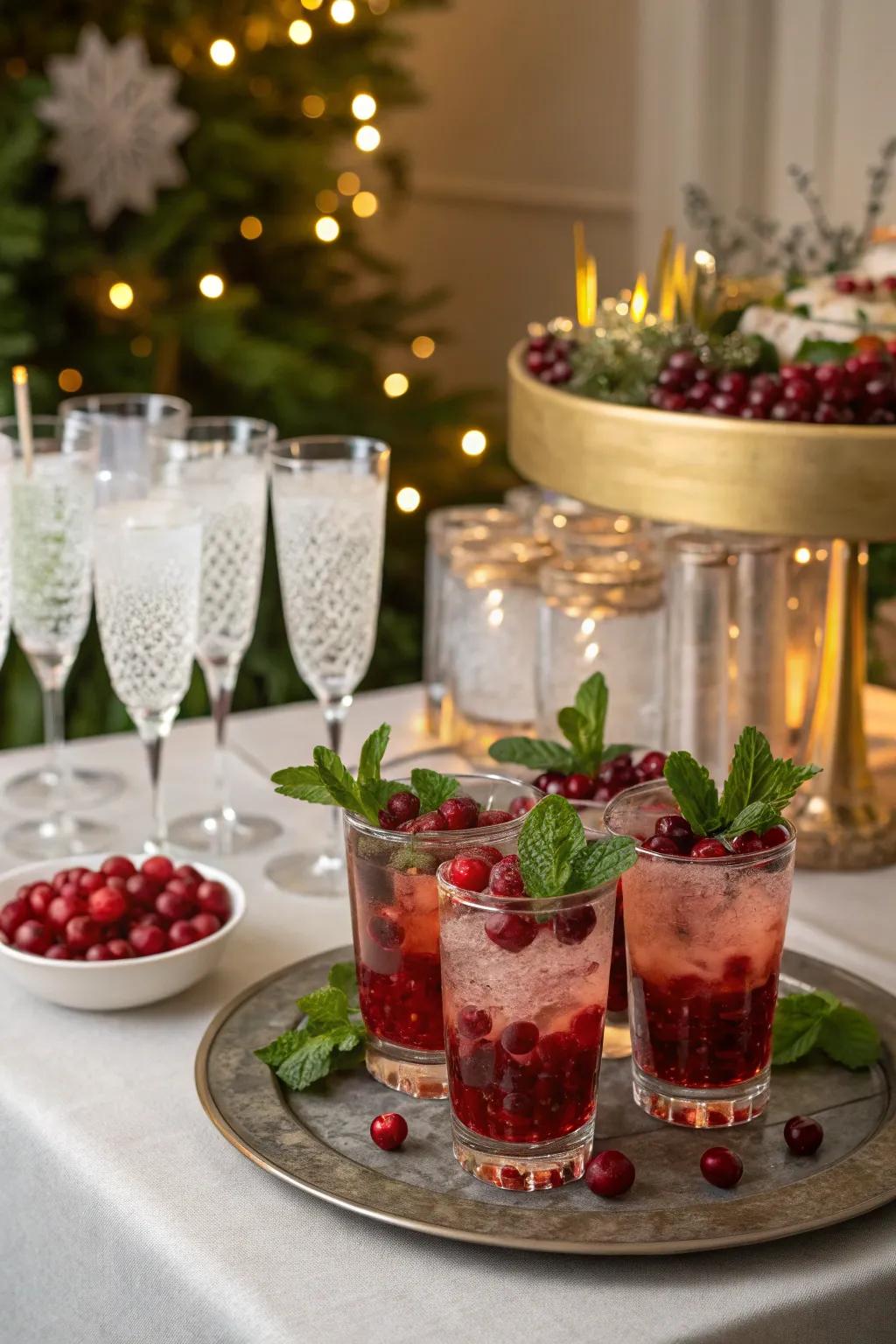 An elegant beverage bar featuring holiday-themed cocktails and garnishes.