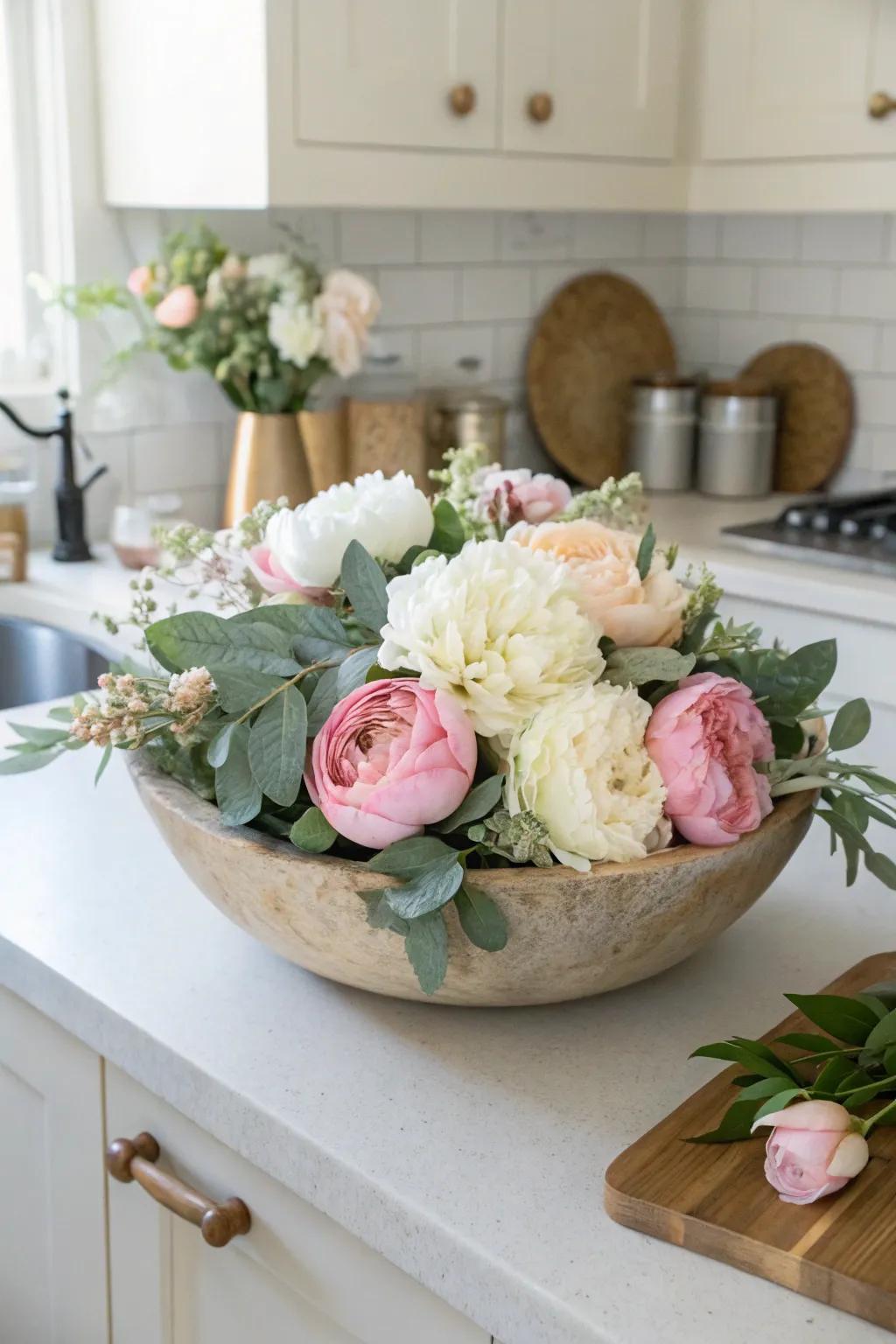 Spring flowers inside a baking dish add a refreshing element to any setting