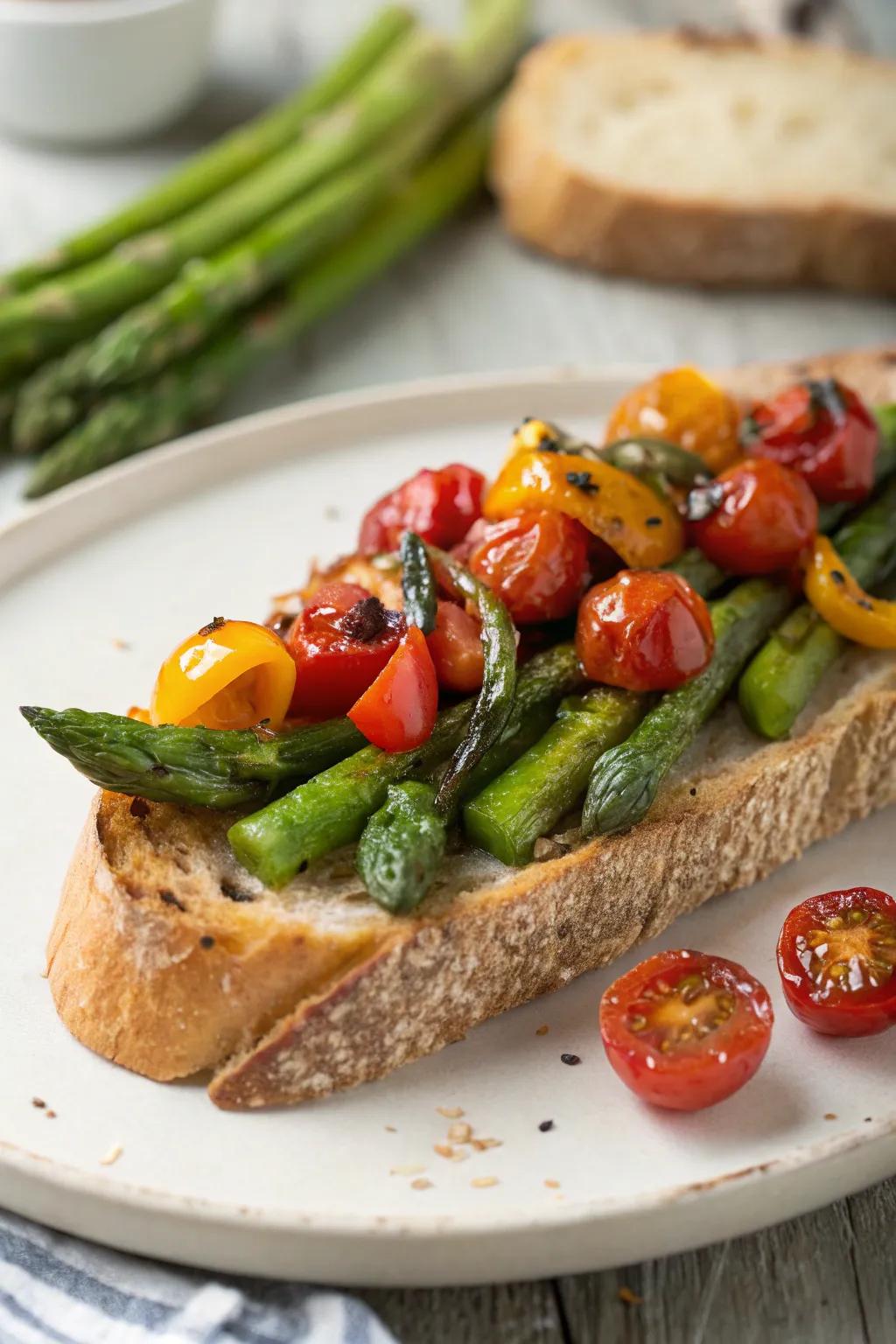 Transform your toast with a colorful blend of roasted vegetables.