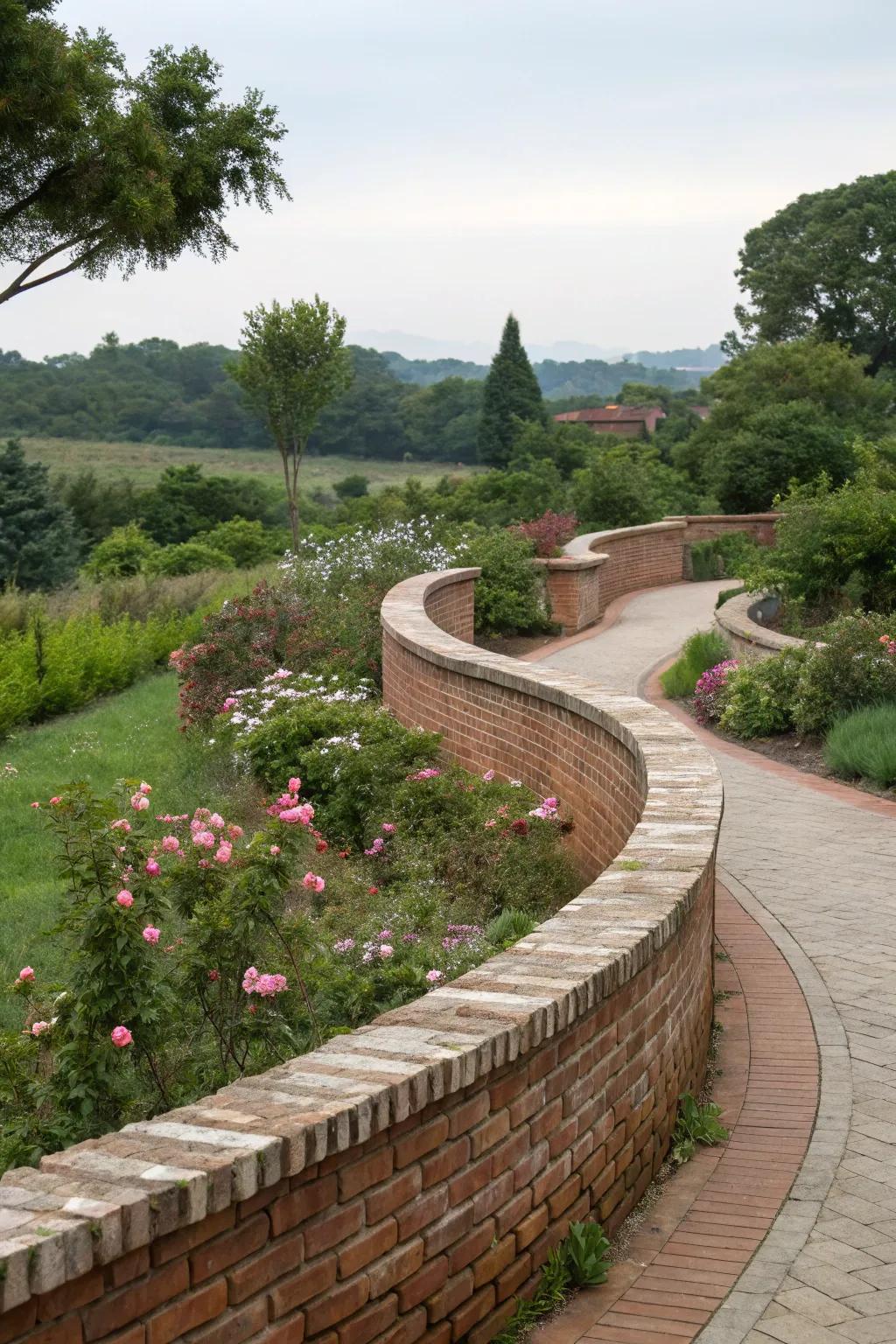 A sophisticated arched brick partition that infuses movement into the garden.