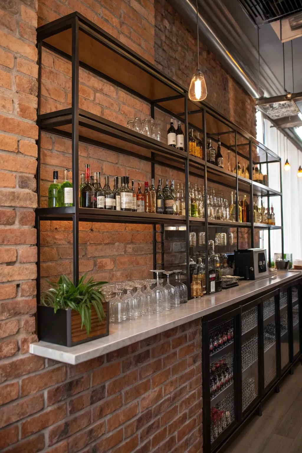 Industrial-themed bar featuring metal shelving set against a brick wall.