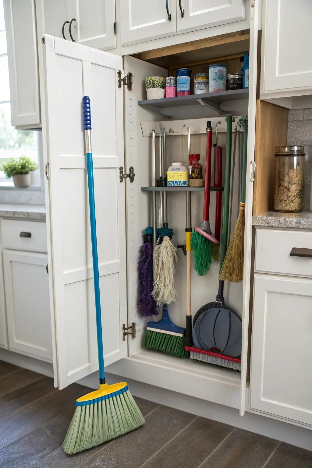 Cabinets can be set up to proficiently hold cleaning implements.