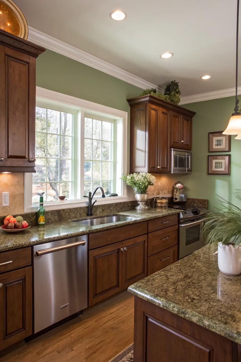 The natural beauty of brown granite is enhanced by walls that are herbal green.