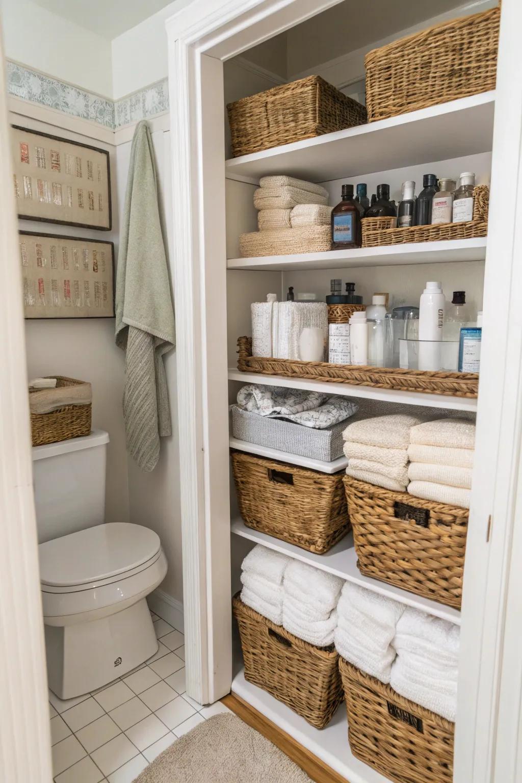 Efficient storage methods are employed in a small bathroom using shelves and baskets.
