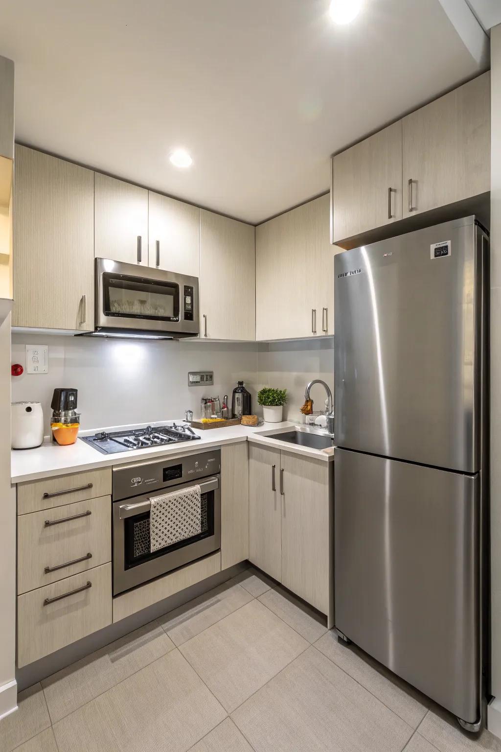 Modern appliances contribute a sleek aesthetic to a small kitchen area.