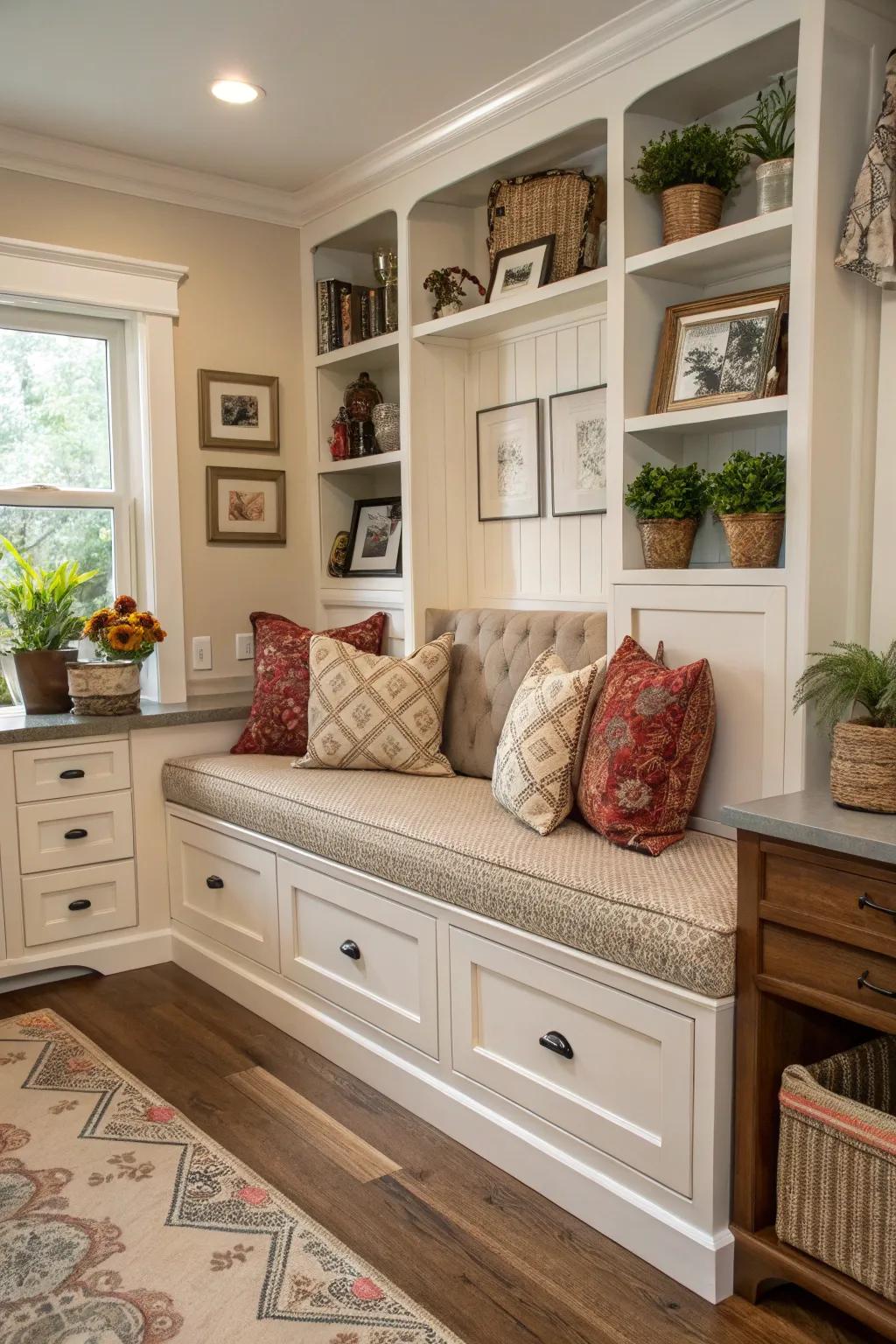 An ingenious storage solution featuring built-in kitchen seating.