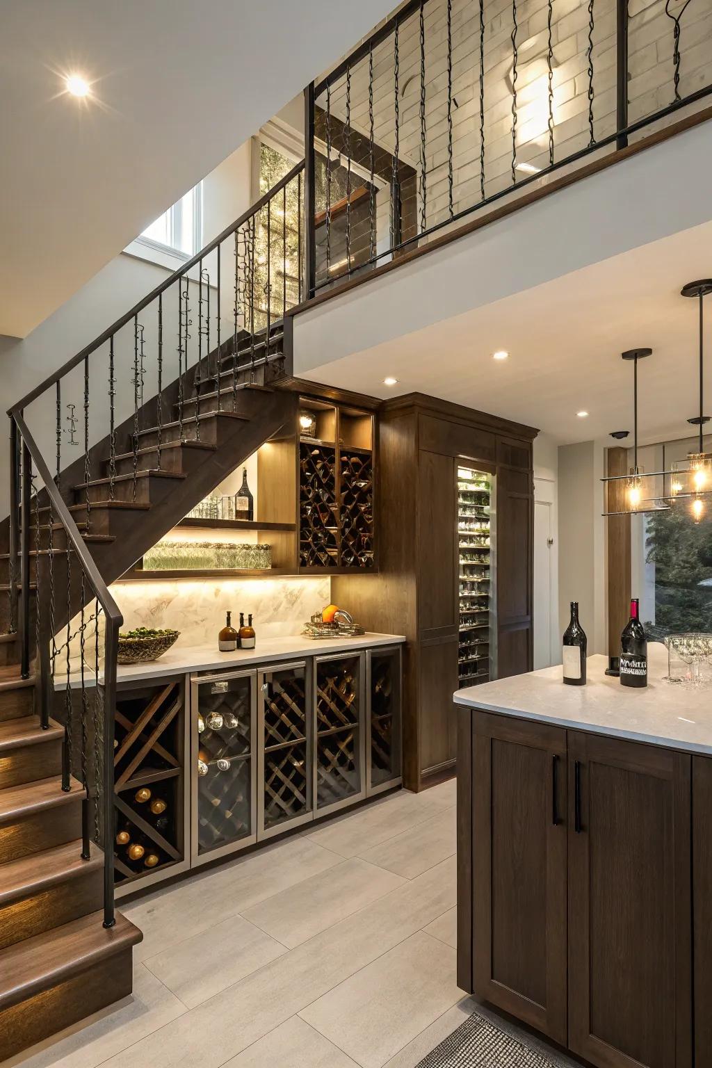 A stylish beneath-the-staircase wine bar that maximizes space beautifully.