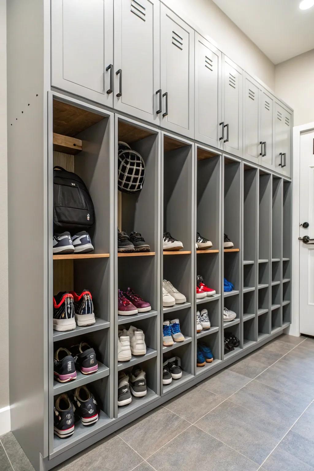 Custom shoe storage integrated to maintain a neat entryway.