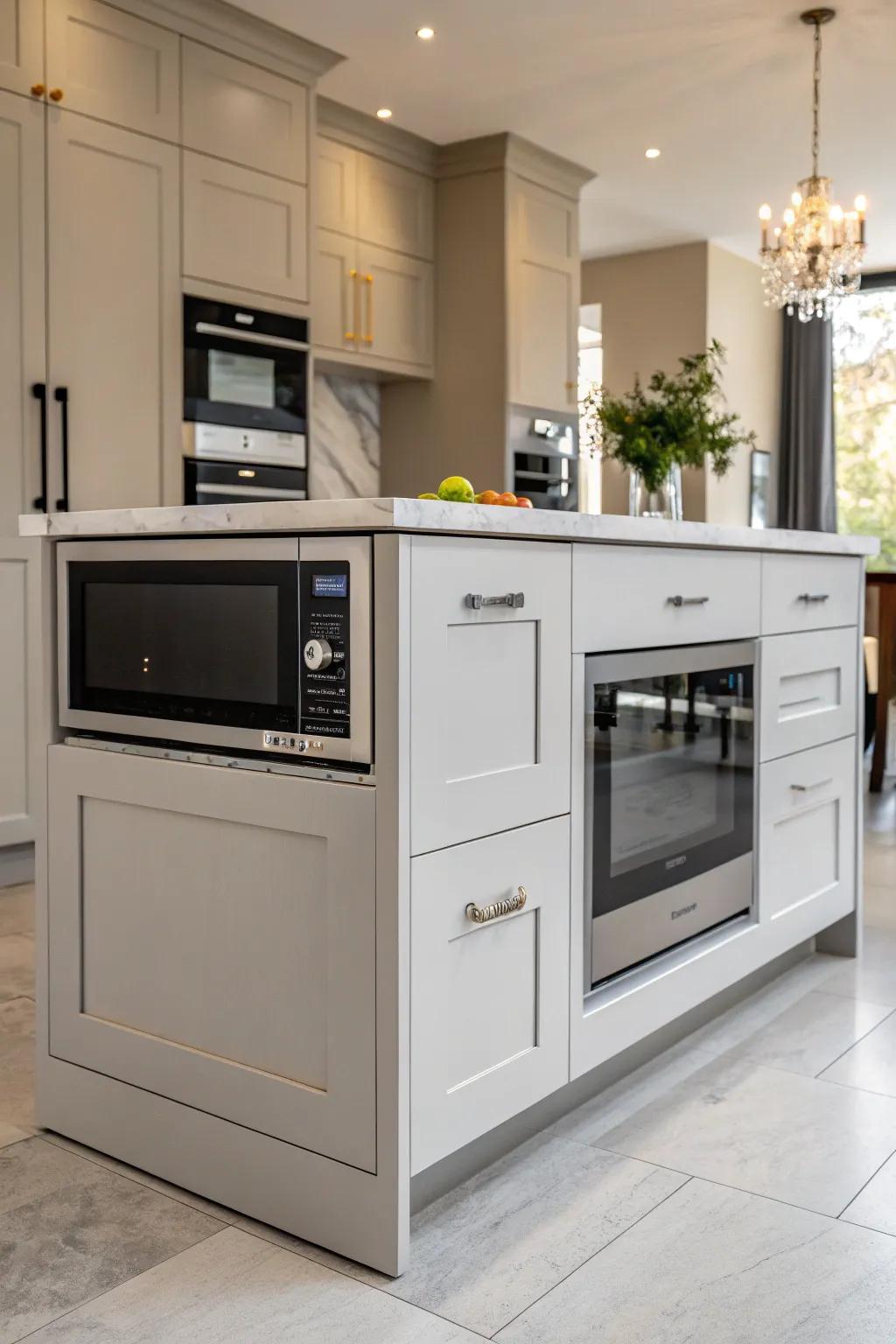A smooth microwave drawer fitted into a kitchen island.