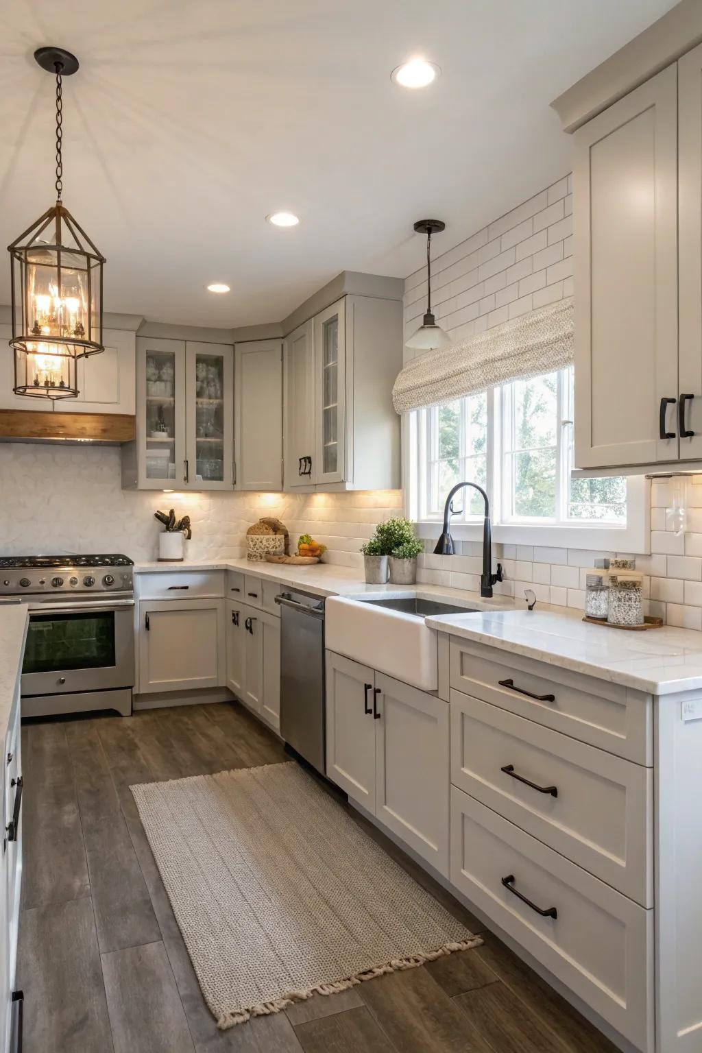 A bungalow kitchen featuring a neutral color scheme that radiates timeless elegance.