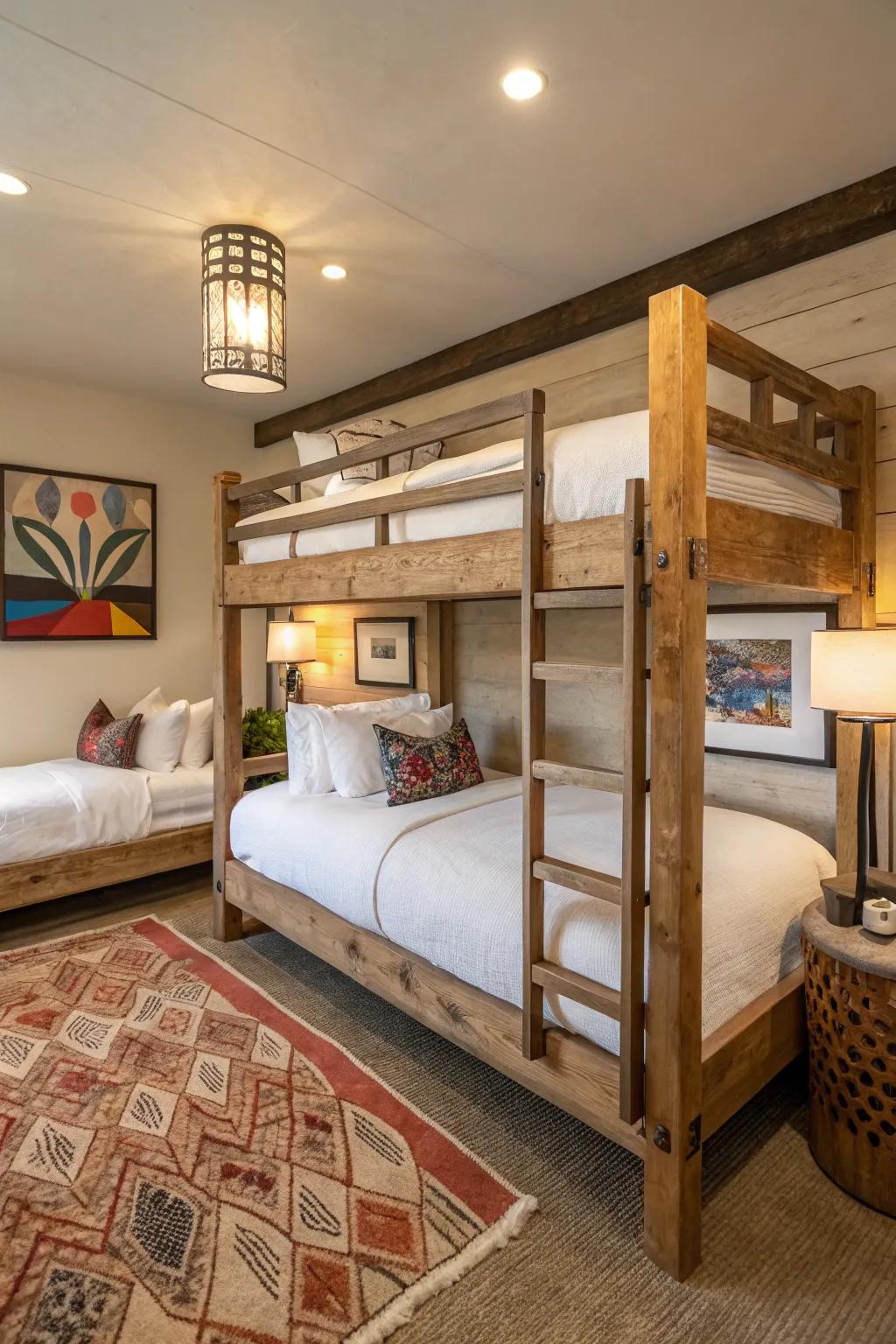A balanced mix of rustic allure and modern sophistication in a bunk room.