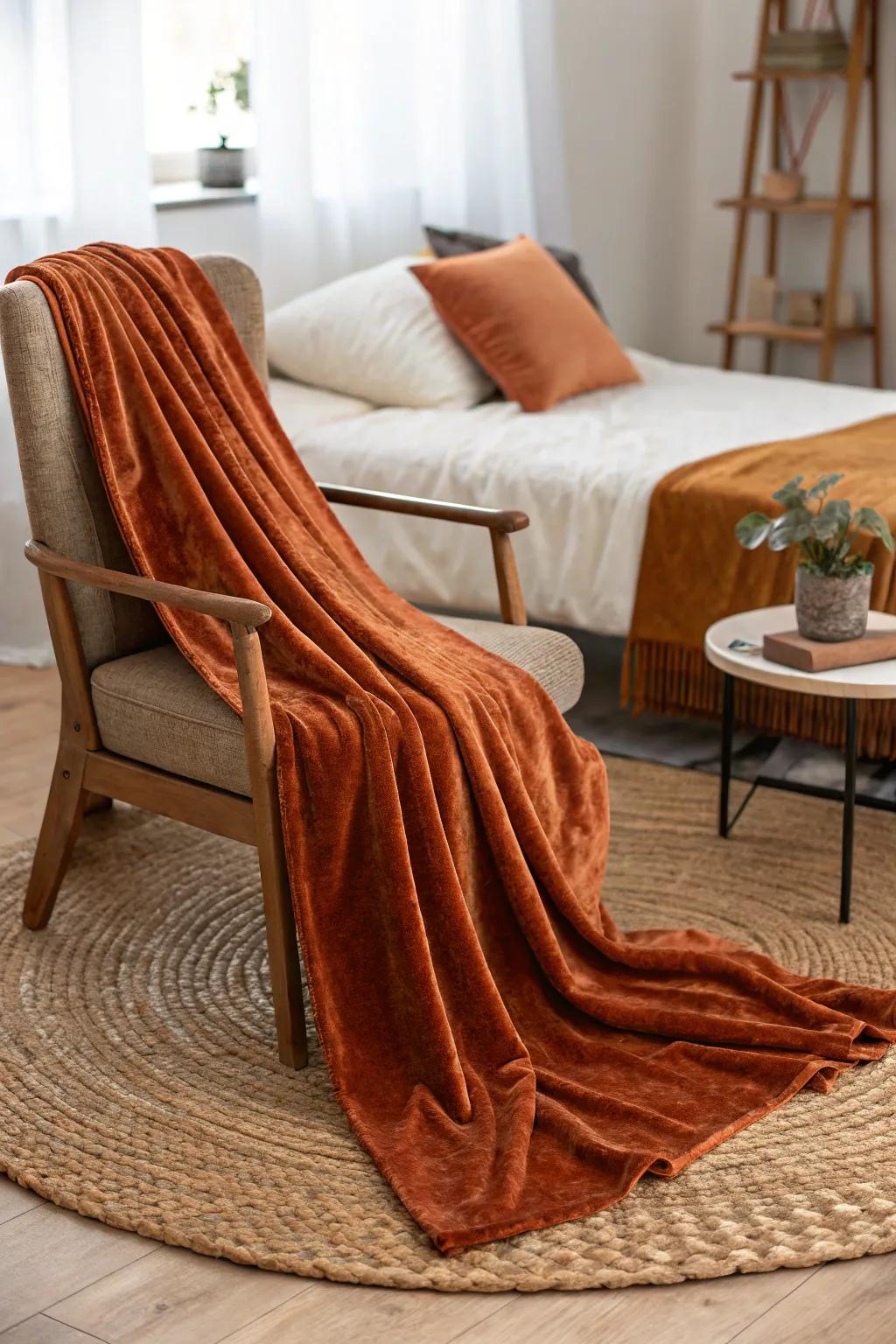 Rich layers of textiles in rust and chocolate tones designed for the ultimate cozy experience.