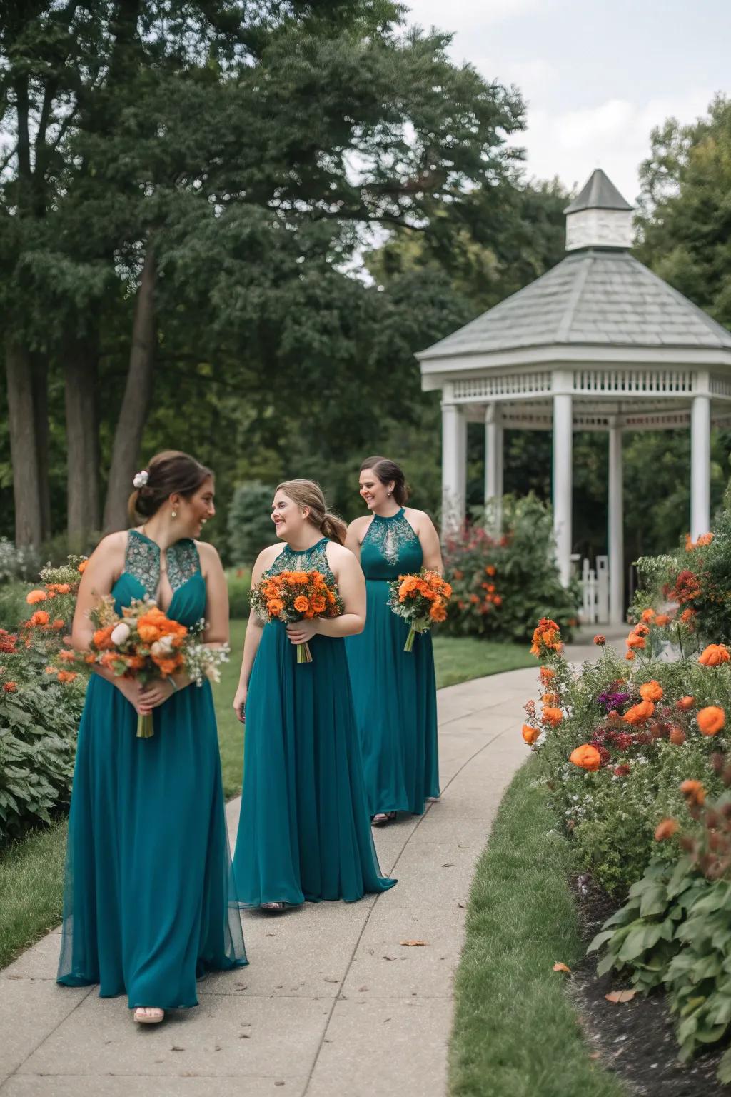 Bridesmaids exuding beauty in aquatic blue and sunset attire.