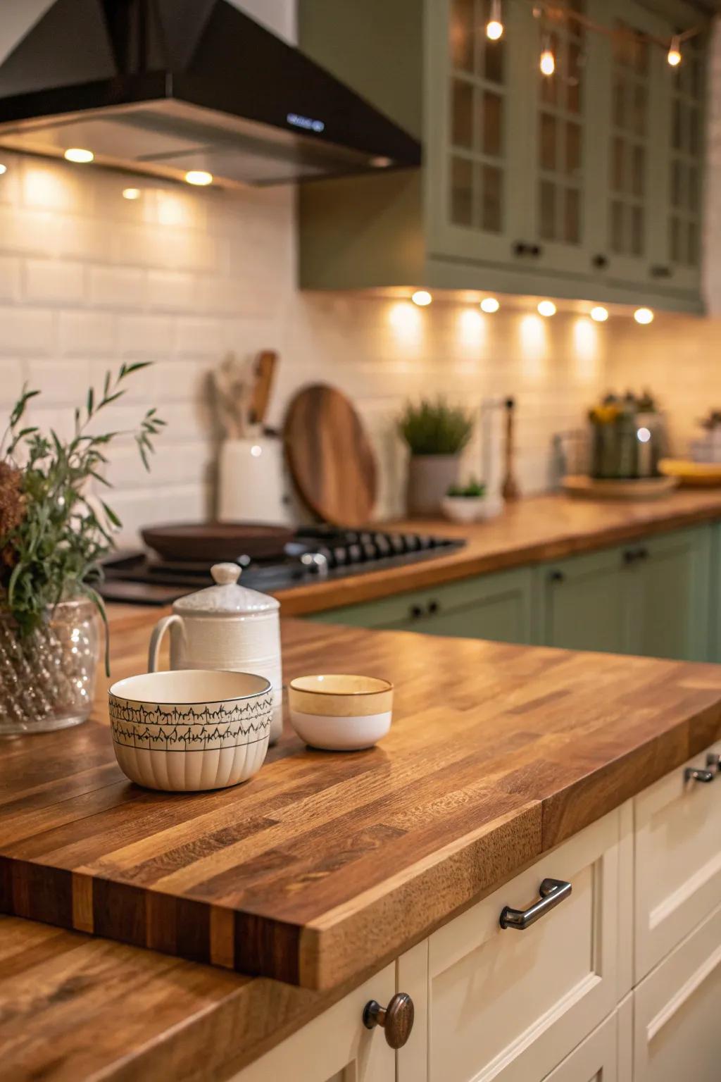 A central wooden surface adds warmth and practicality to any kitchen design.