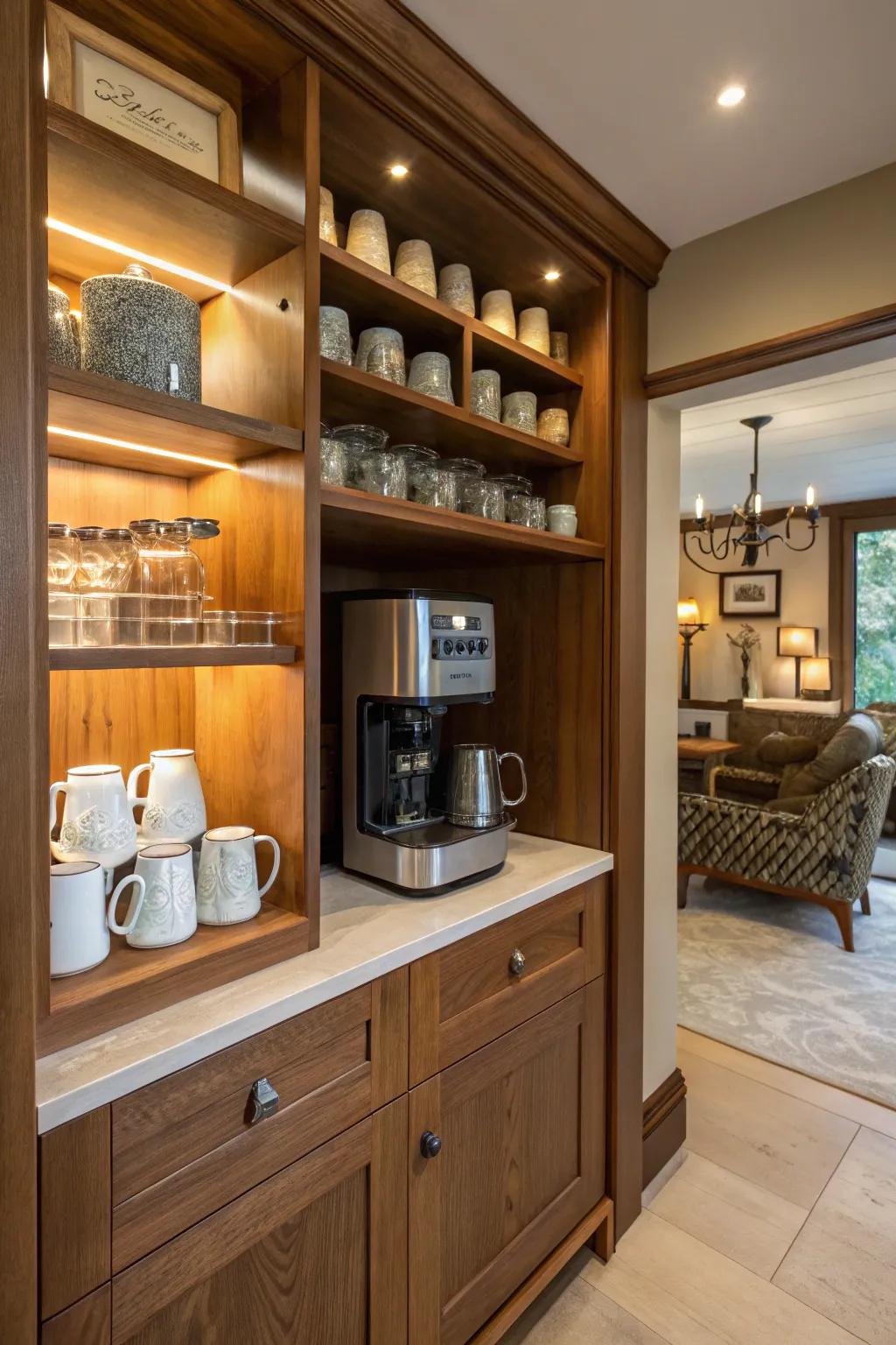 A welcoming butler's pantry featuring an integrated coffee station, perfect for enhancing daily routines.