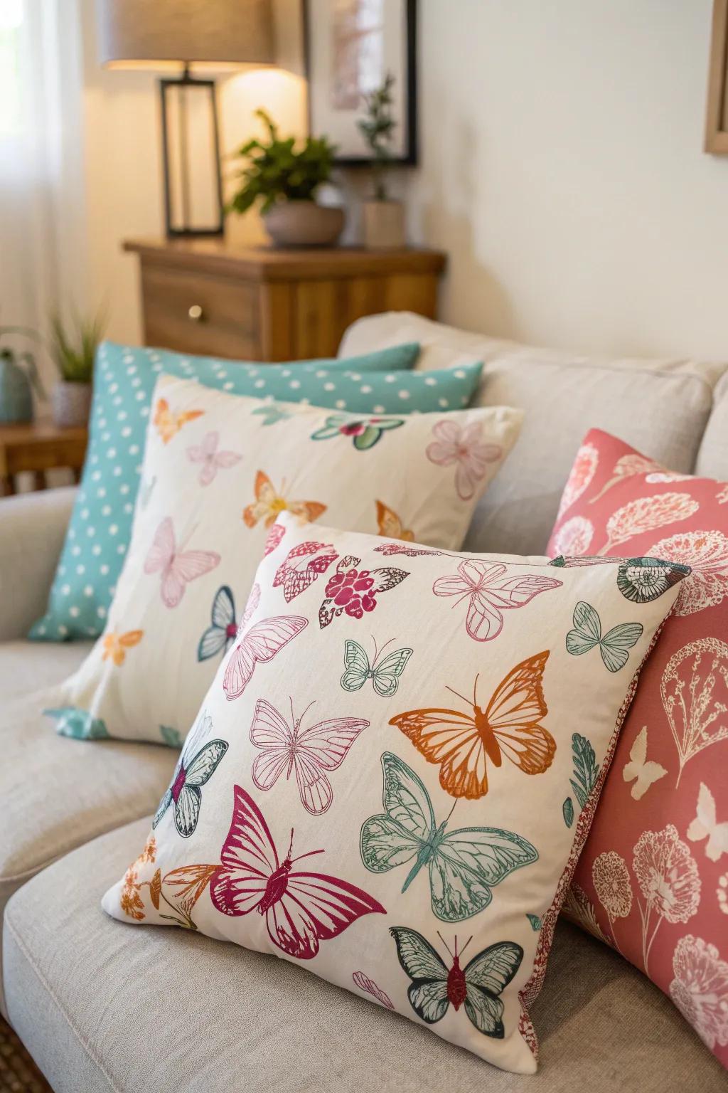 Butterfly cushions bring a playful element to any sofa setting.