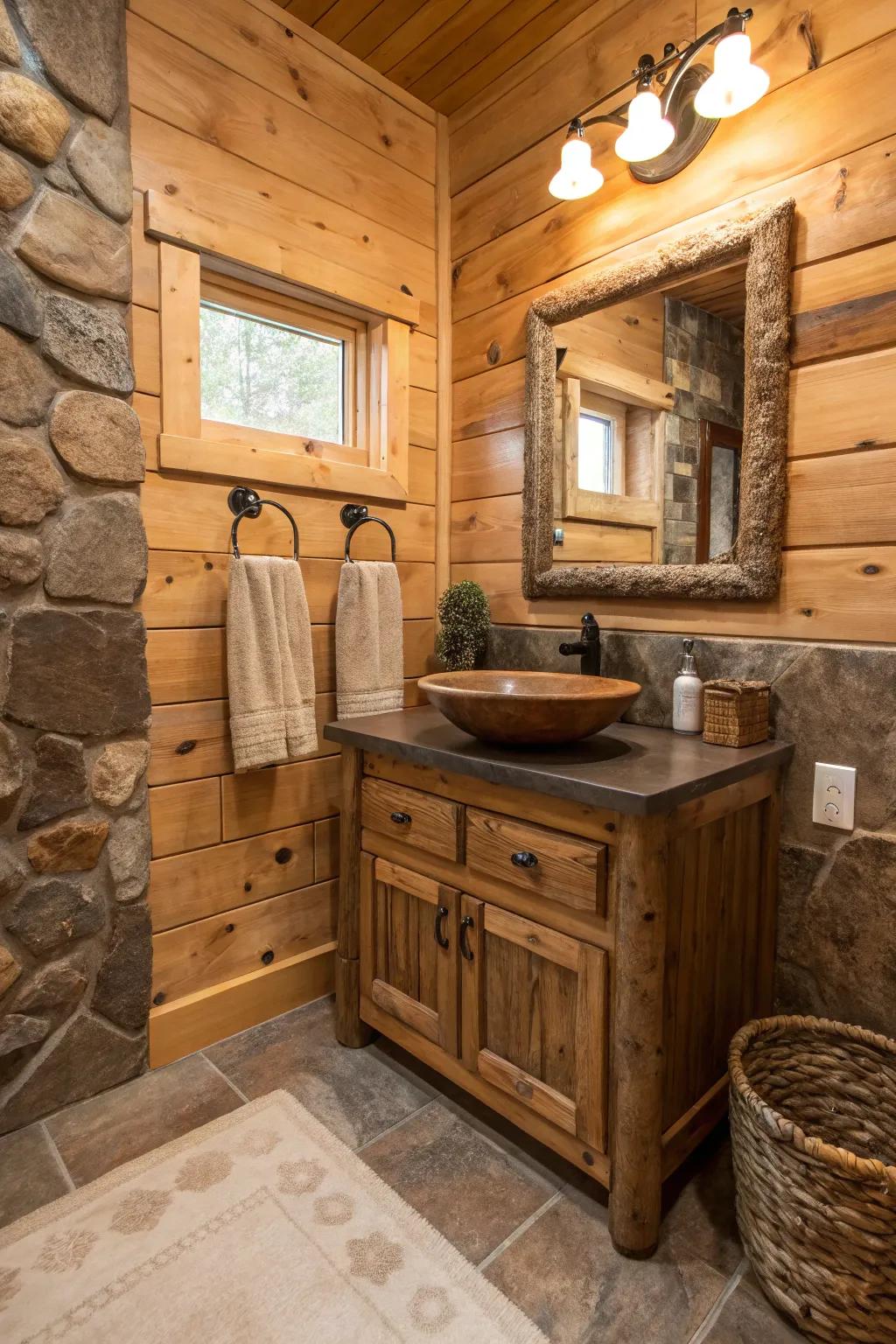 A cabin bathroom displays earthy hues that enhance the timber features.