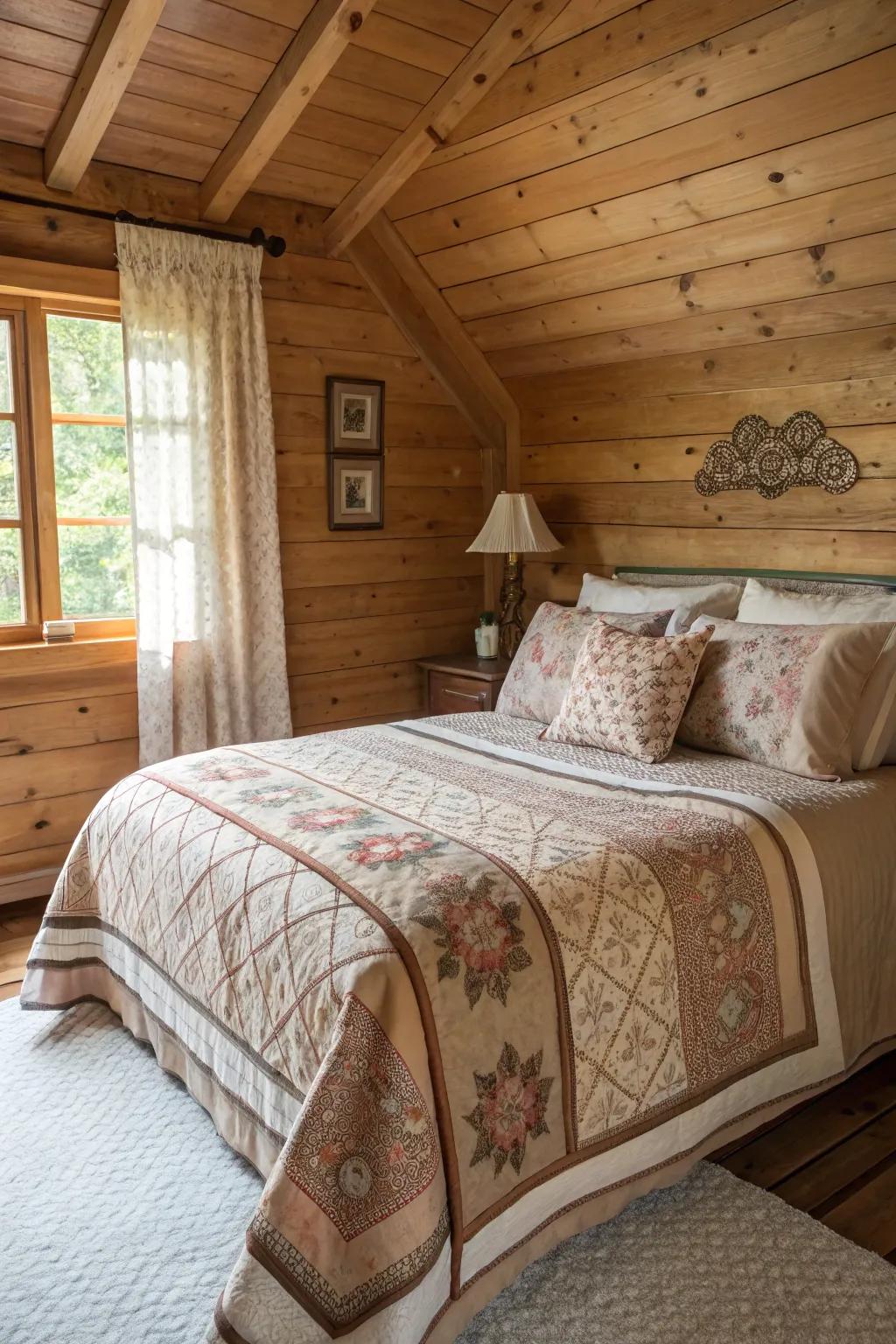 A beautifully layered bed with quilts and plush cushions set in a cozy cabin bedroom.