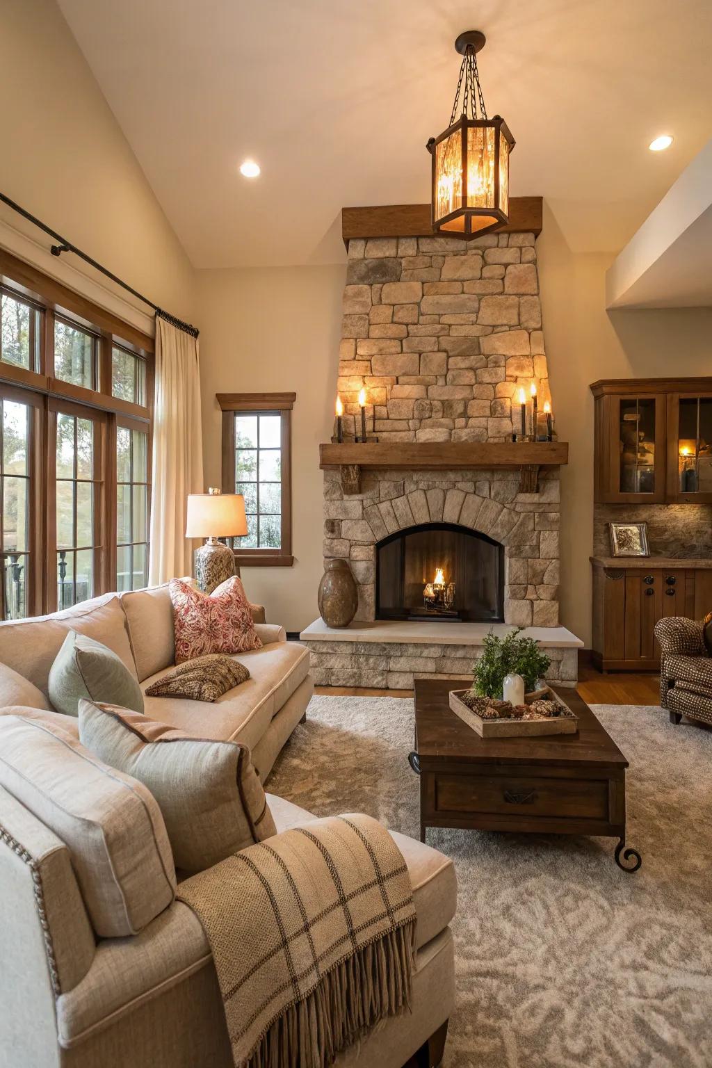 A family room arranged around a stone hearth, radiating warmth and comfort.