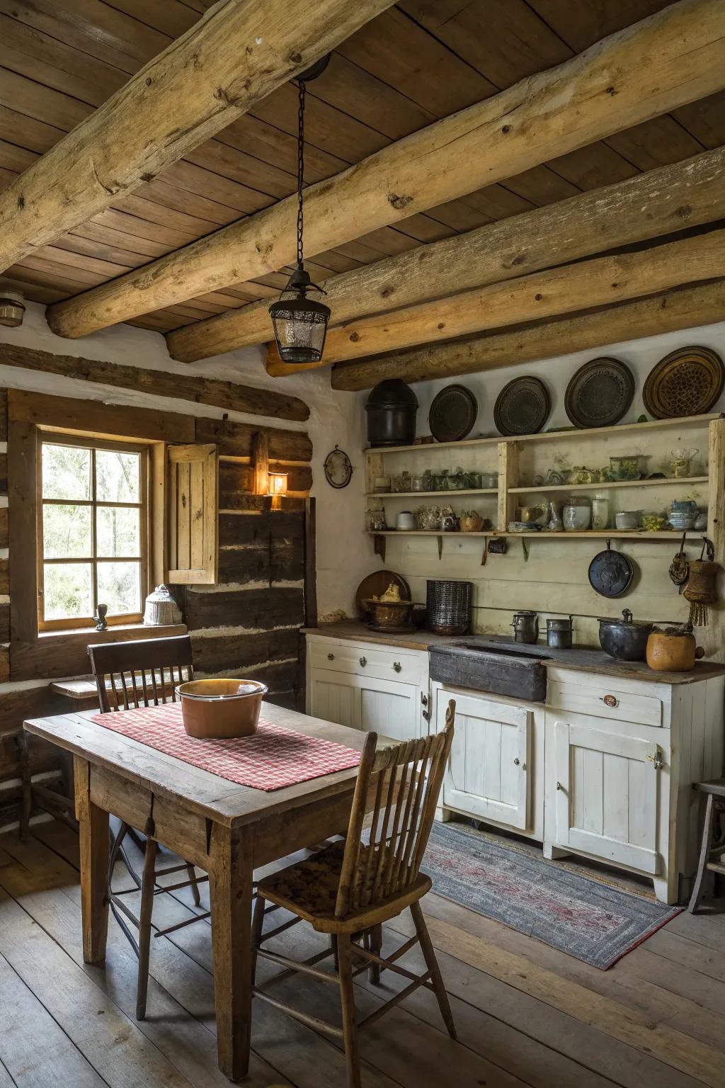 Ceiling planks add a touch of realness to your cabin kitchen.