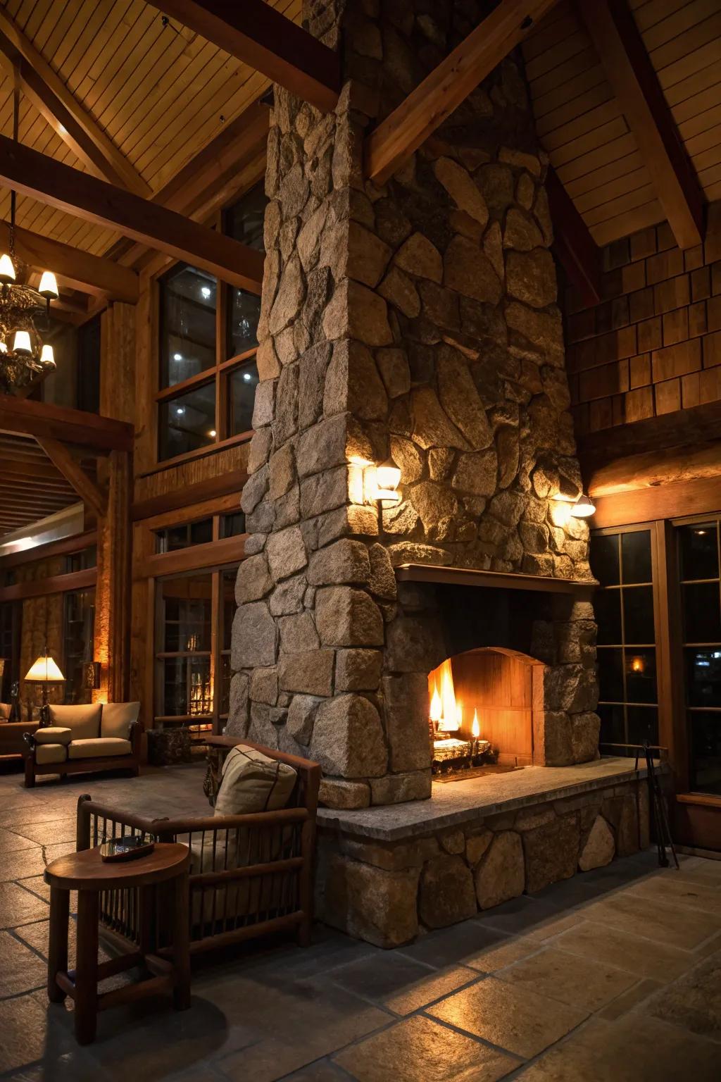 A stone fireplace highlighted with inviting lighting, crafting a comfortable centerpiece in a cabin.